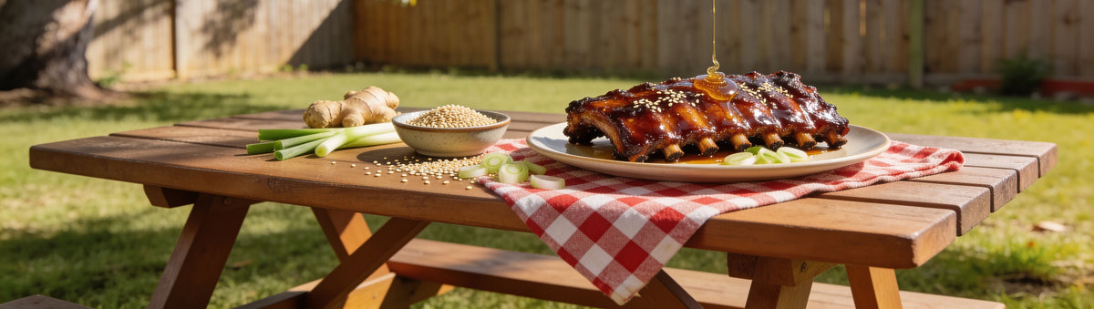 Low n Slow Basics Honey Soy Slammer rub banner with sticky glazed pork ribs and chicken skewers