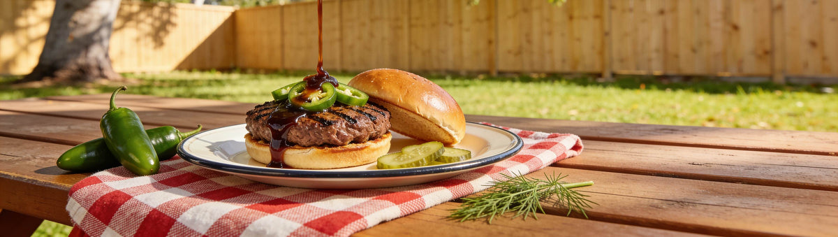 Low n Slow Basics Hook Shot jalapeno whiskey BBQ sauce banner with glazed ribs and a burger patty
