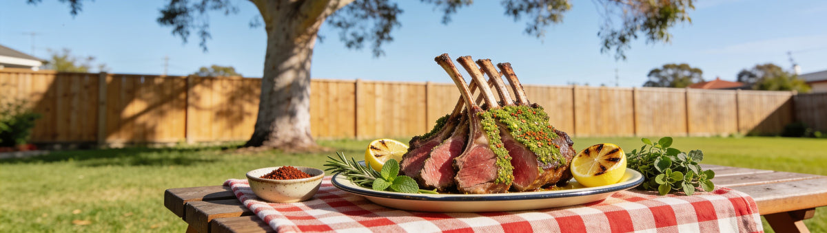 Low n Slow Basics Lamb Layup rub banner with a herby sumac-crusted rack of lamb and grilled lemon