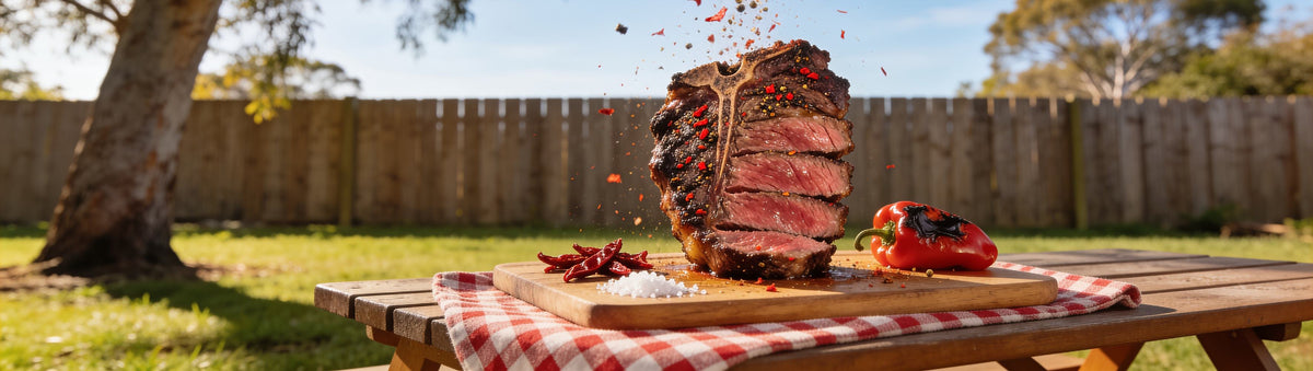 Low n Slow Basics Steak Shooter Spicy beef rub banner with a chilli-crusted ribeye and burger patties