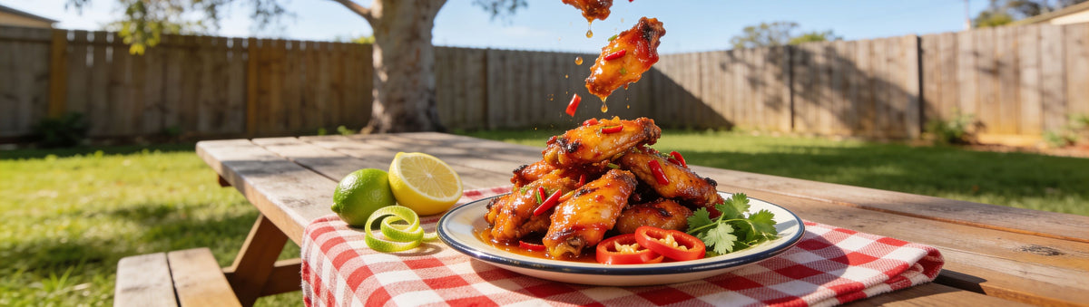 Low n Slow Basics Chilli Citrus Charge rub banner with glazed chicken wings, lime and chilli