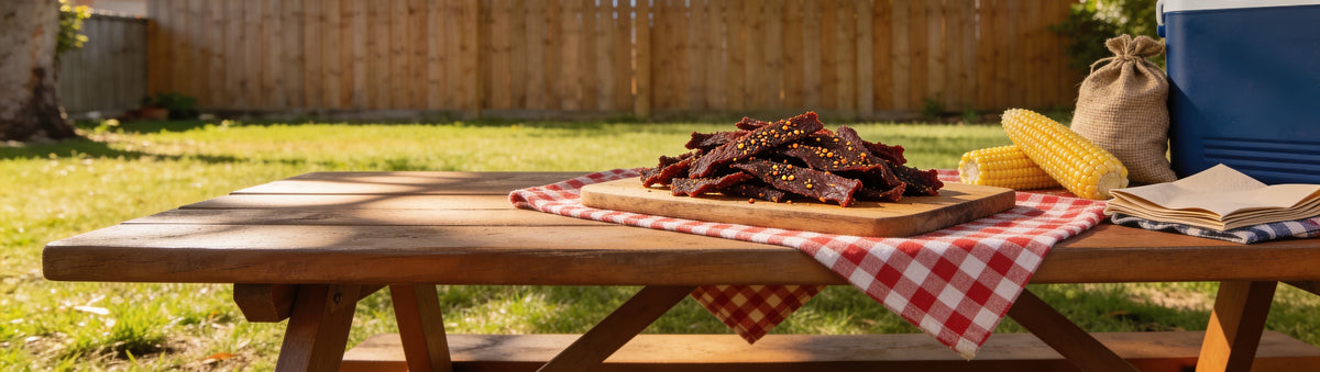 Low n Slow Basics Steak Shooter grass-fed beef jerky banner with dark glossy jerky strips on a rustic board