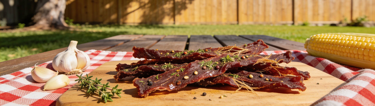 Low n Slow Basics Garlic Goals beef jerky banner with garlicky jerky strips on a rock outdoors