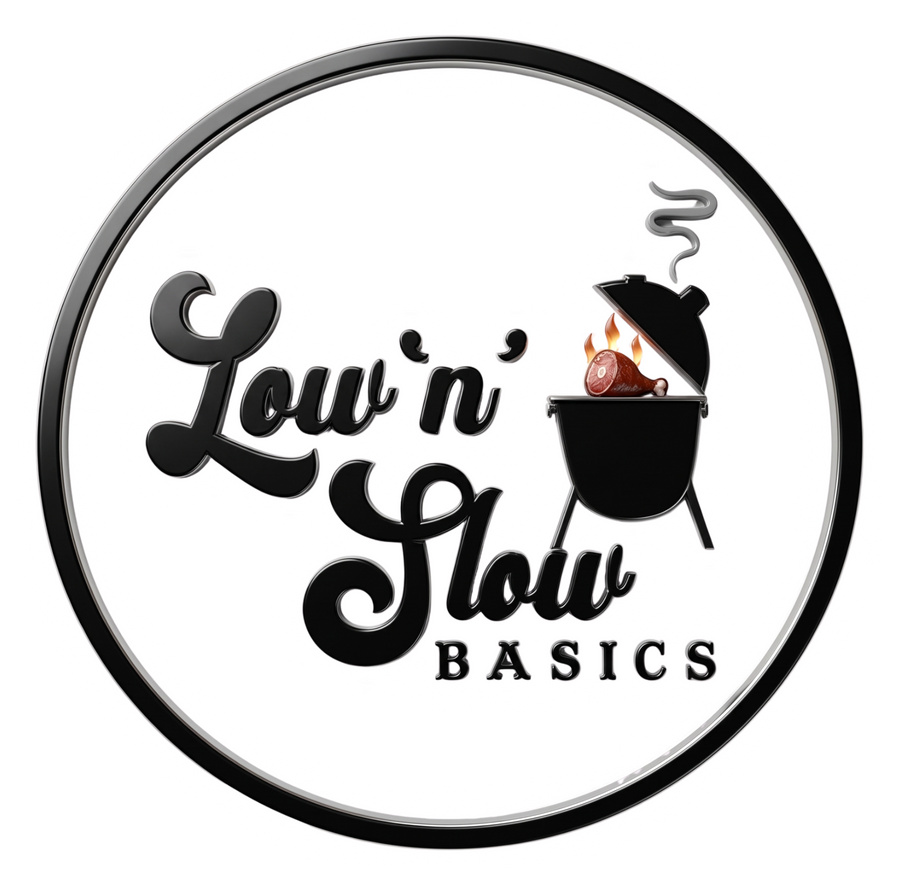 Low n Slow Basics brand logo, chrome ring with a kettle smoker and glowing coal, black on transparent background