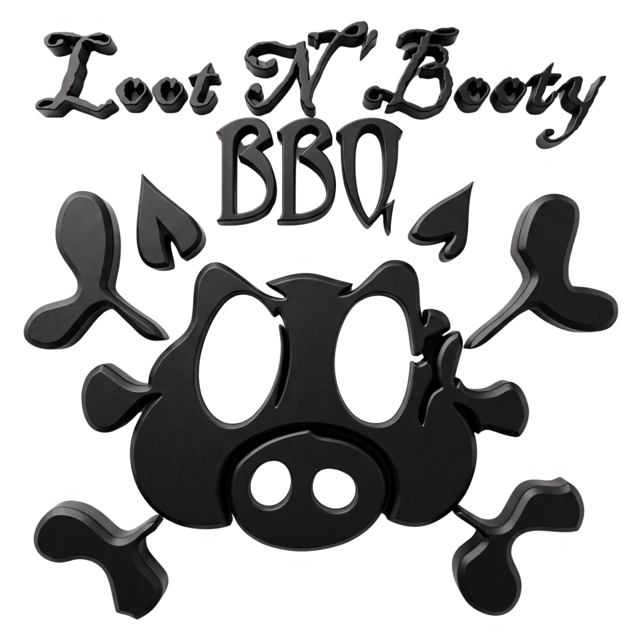 Loot N' Booty BBQ brand logo, pirate pig skull and crossbones emblem, black on transparent background