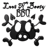 Loot N' Booty BBQ brand logo, pirate pig skull and crossbones emblem, black on transparent background