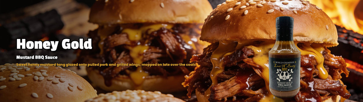 Loot N Booty Honey Gold BBQ Sauce 553g - pulled pork sliders with mustard gold glaze over an open fire
