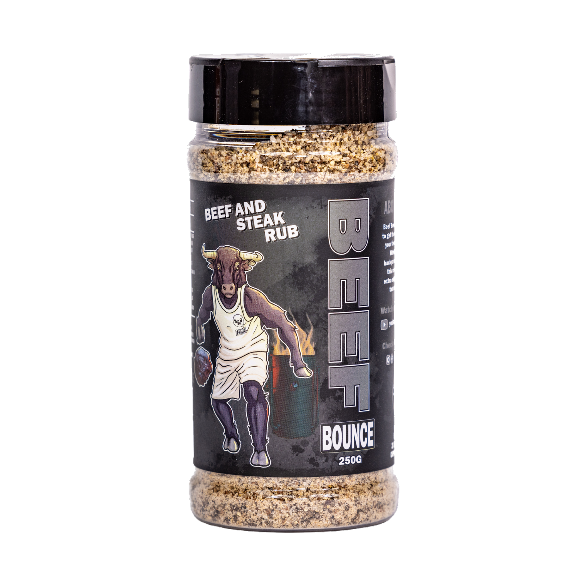 Low n Slow Basics Beef Bounce beef rub 300g, front of shaker on transparent background