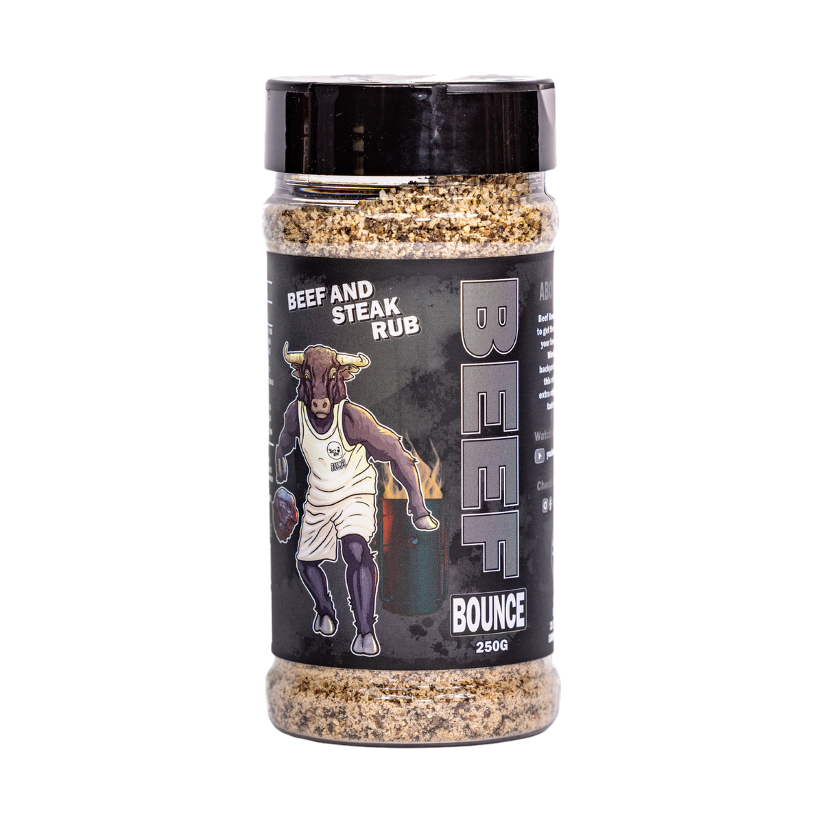 Low n Slow Basics Beef Bounce beef rub 300g, front of shaker on transparent background