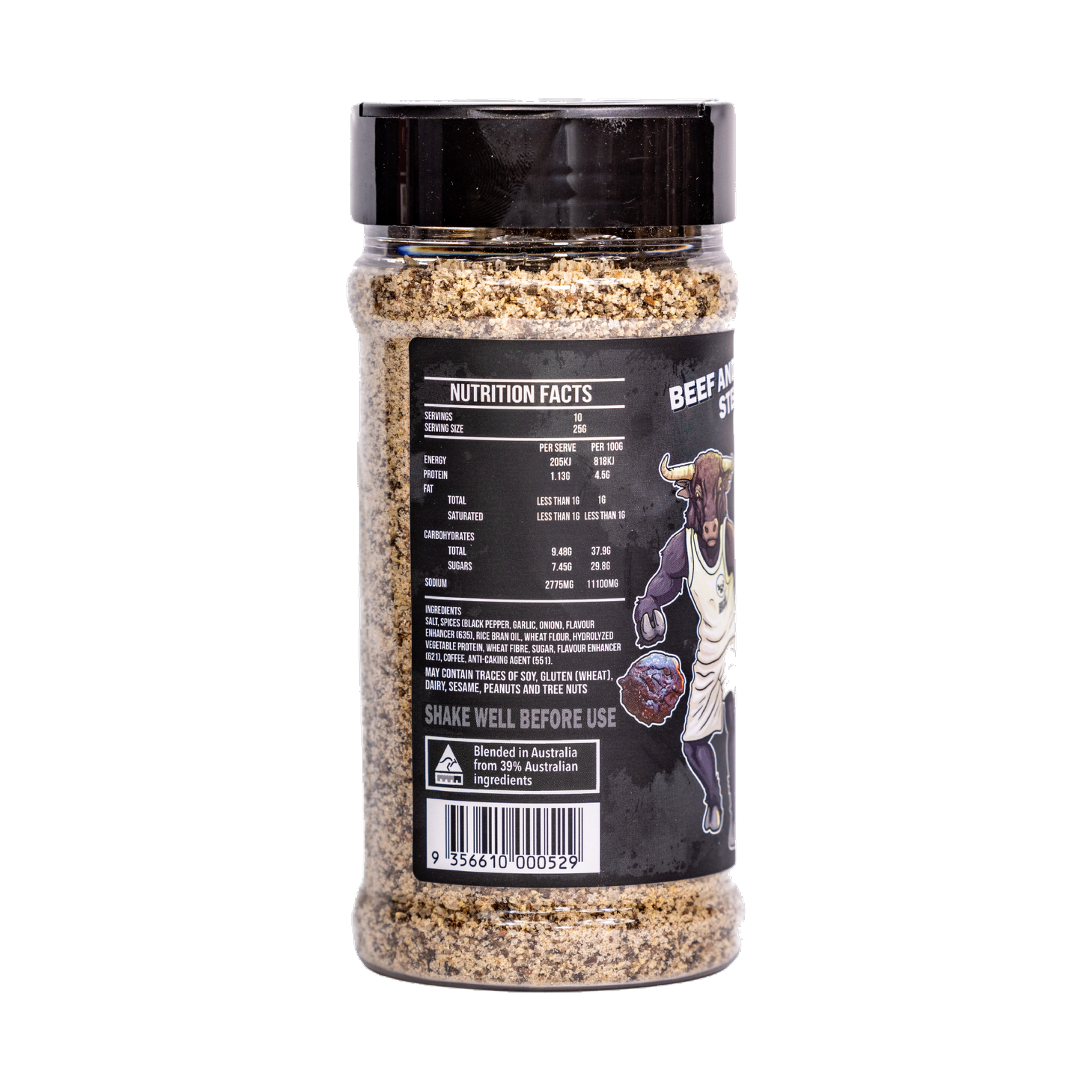 Low n Slow Basics Beef Bounce beef rub 300g, left side of shaker, transparent background