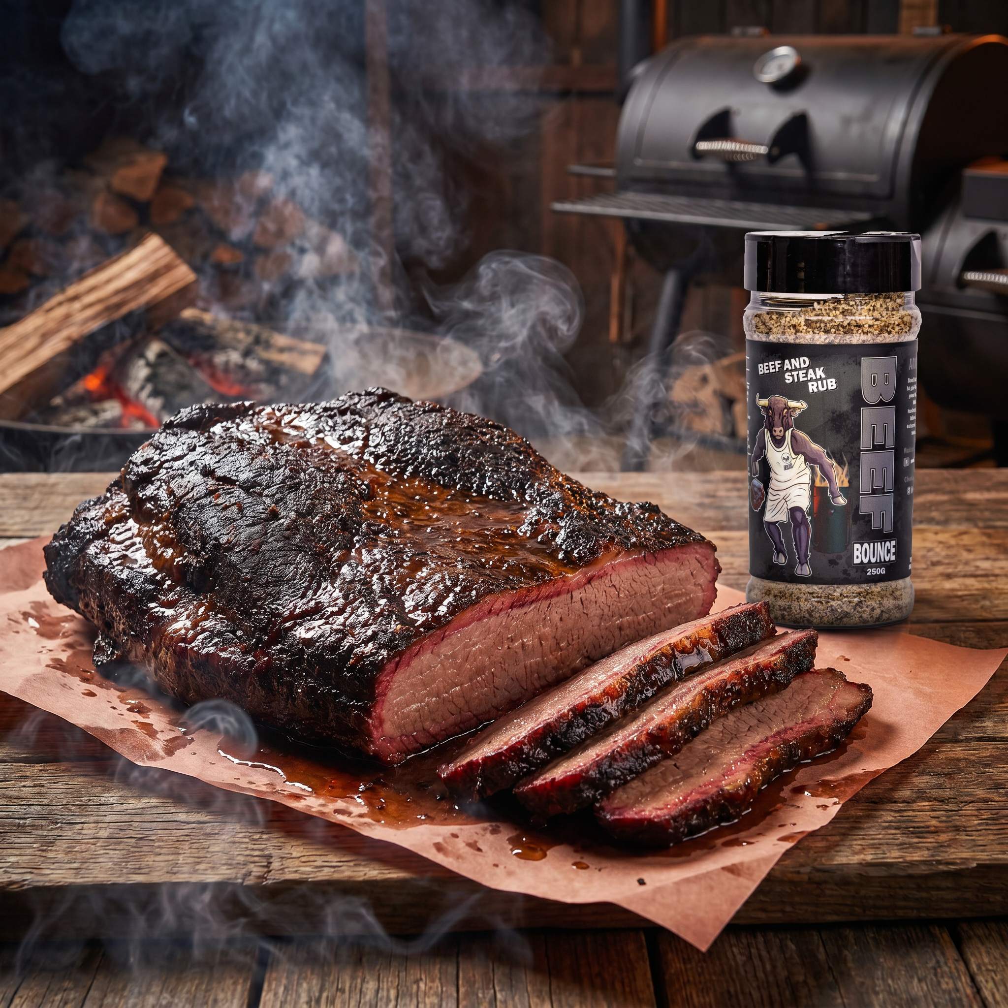 Low n Slow Basics Beef Bounce beef rub — a smoked beef brisket with a coffee-dark bark sliced to show the smoke ring