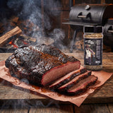 Low n Slow Basics Beef Bounce beef rub — a smoked beef brisket with a coffee-dark bark sliced to show the smoke ring