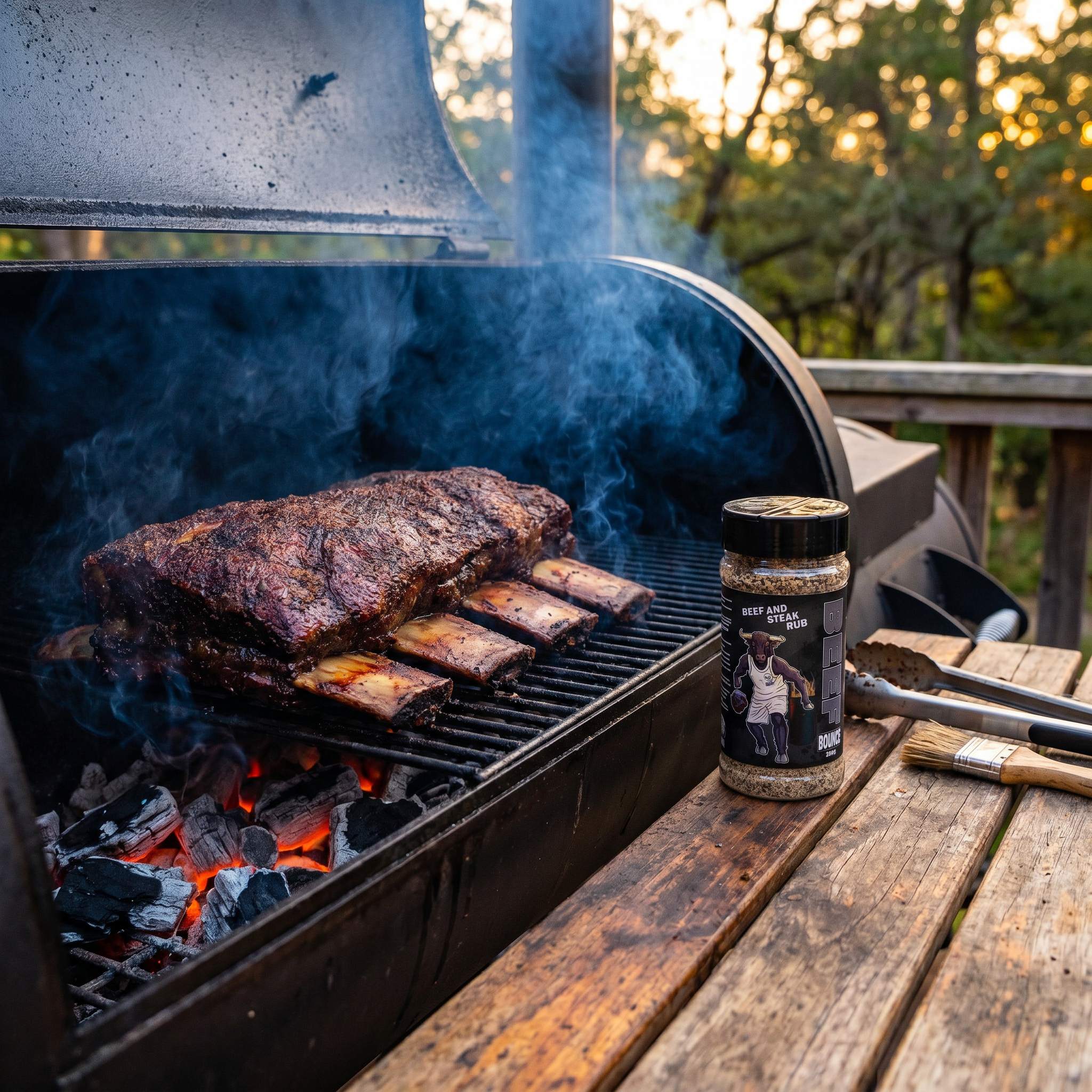 Low n Slow Basics Beef Bounce beef rub — beef short ribs with a deep mahogany crust on a charcoal smoker