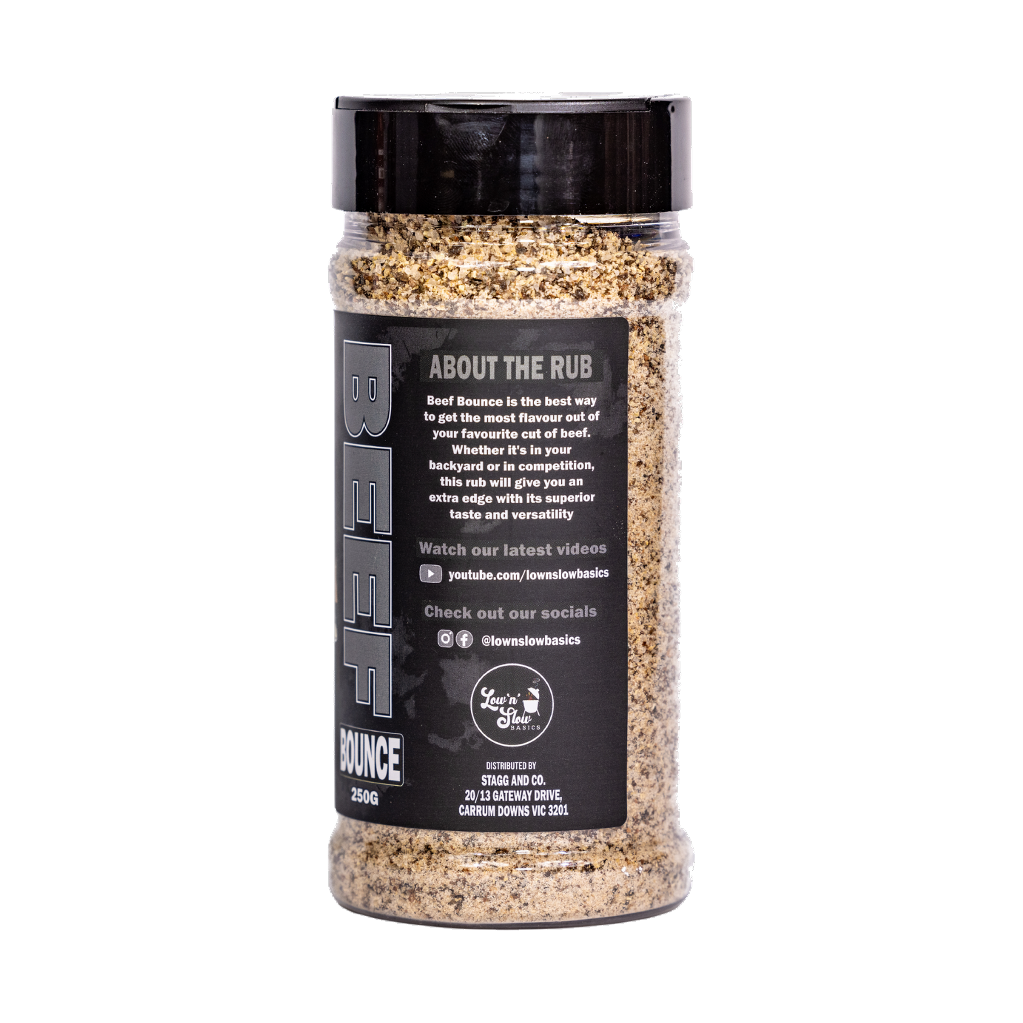 Low n Slow Basics Beef Bounce beef rub 300g, right side and label detail, transparent background