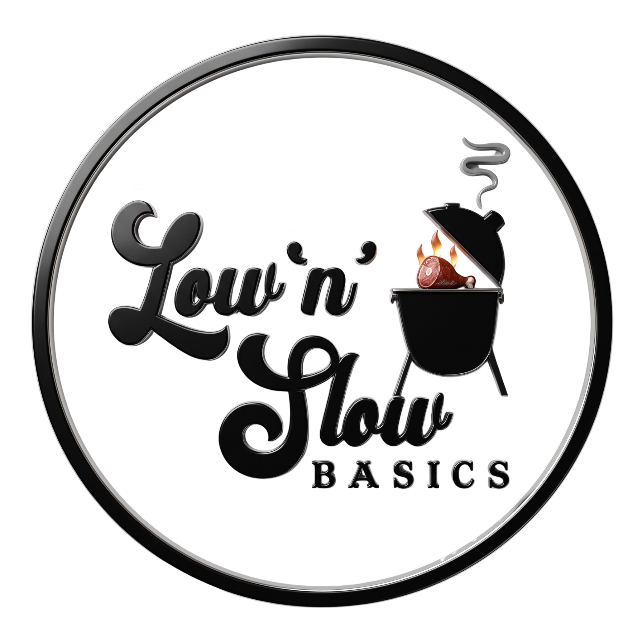 Low n Slow Basics brand logo, chrome ring with a kettle smoker and glowing coal, black on transparent background