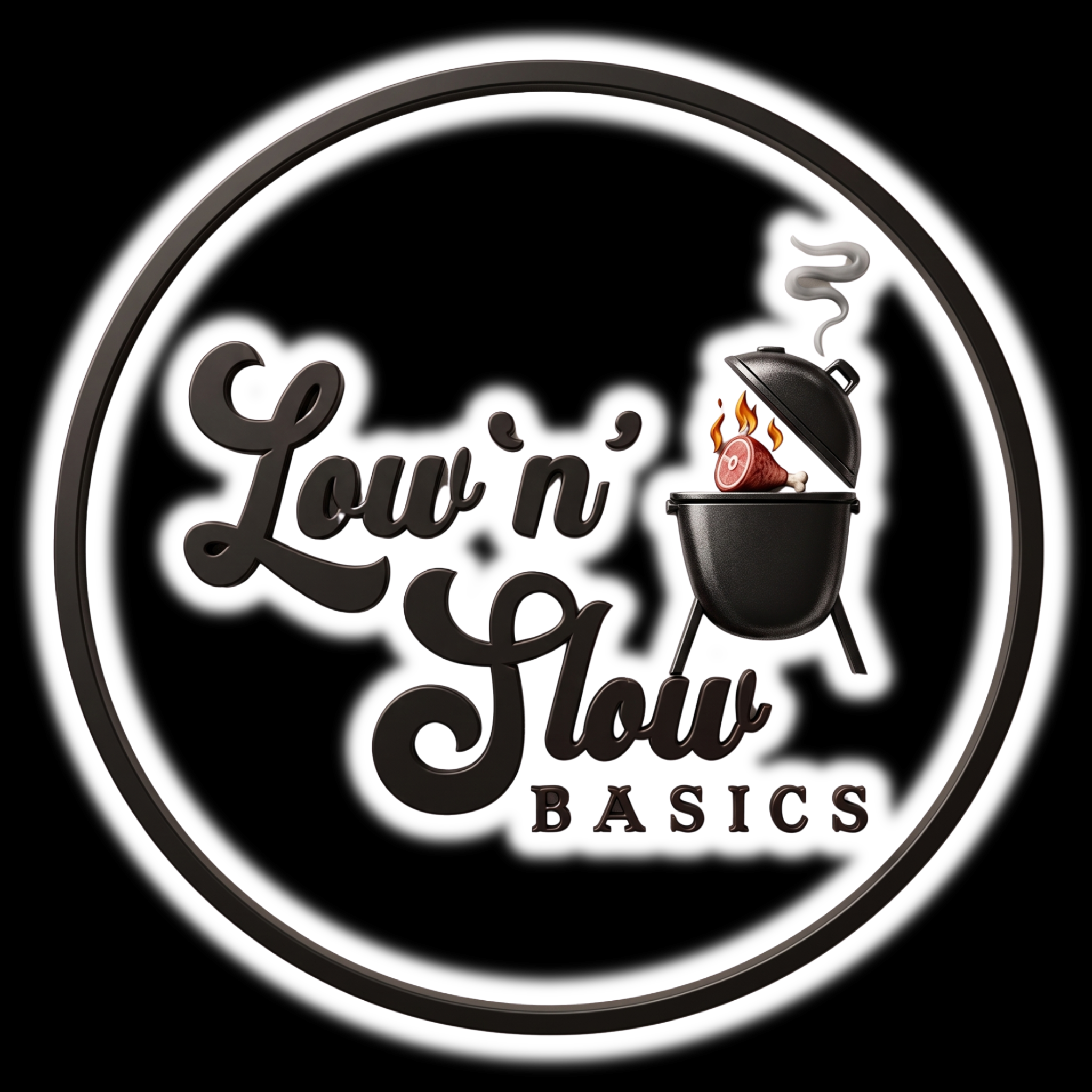 Low n Slow Basics barbecue brand logo, black roundel with a kettle smoker emblem, South Australian BBQ, on transparent background