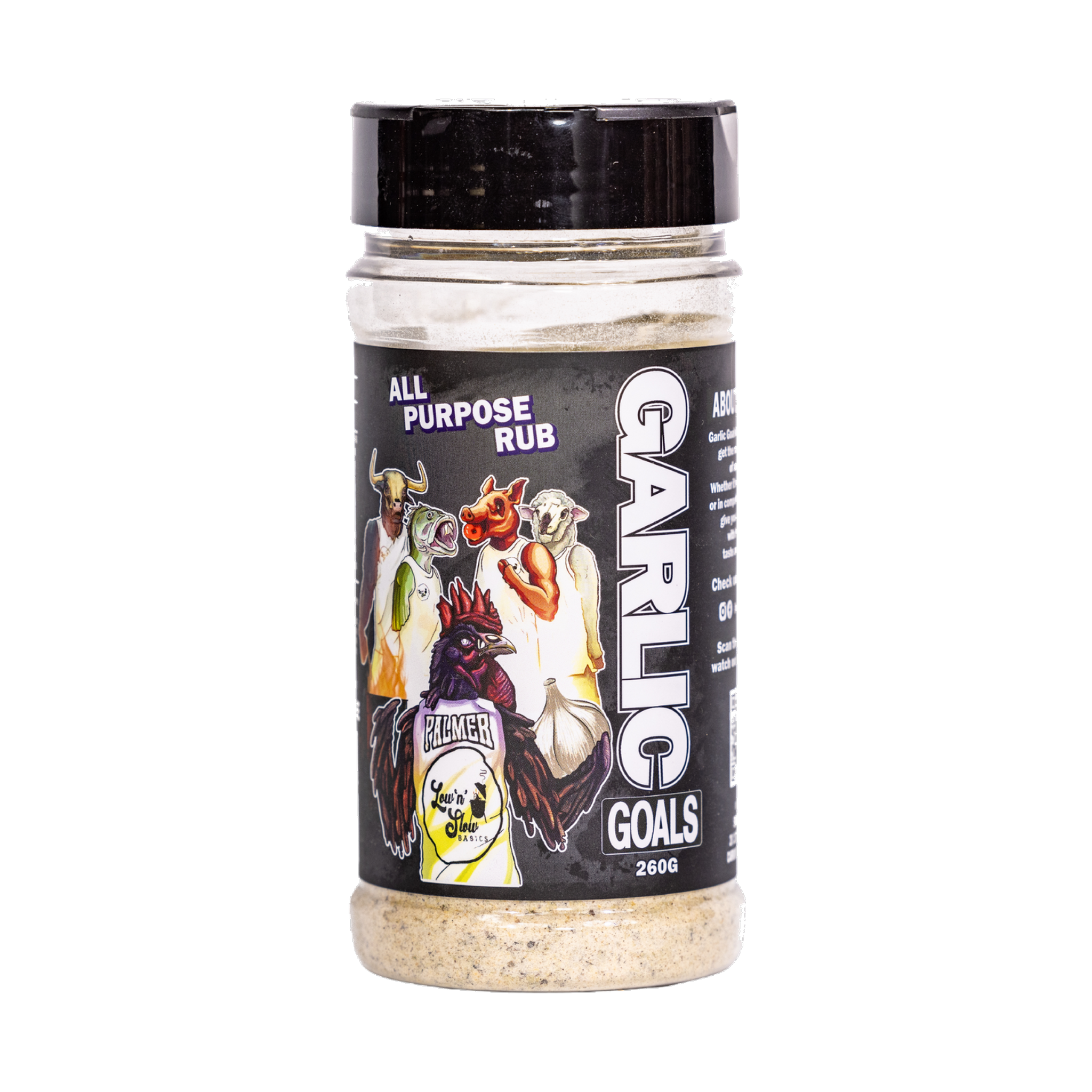 Low n Slow Basics Garlic Goals all-purpose seasoning 260g, front of shaker on transparent background