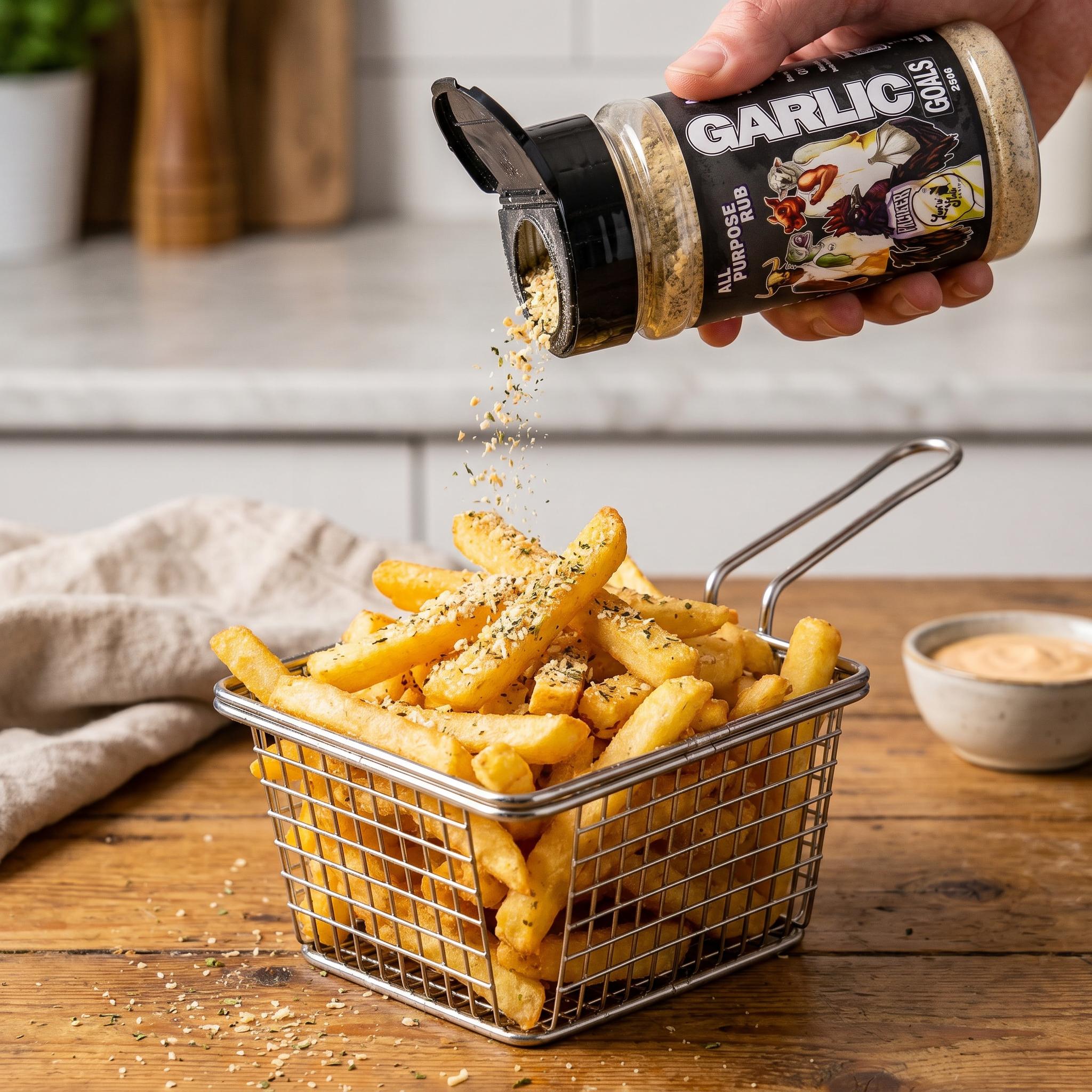 Low n Slow Basics Garlic Goals seasoning — golden hot chips showered with garlicky seasoning from the shaker