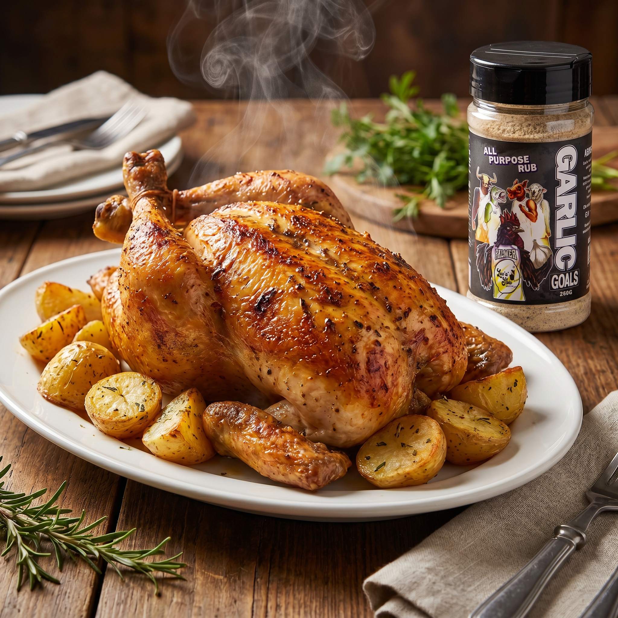 Low n Slow Basics Garlic Goals seasoning — a whole roast chicken with crispy golden garlicky skin on a platter
