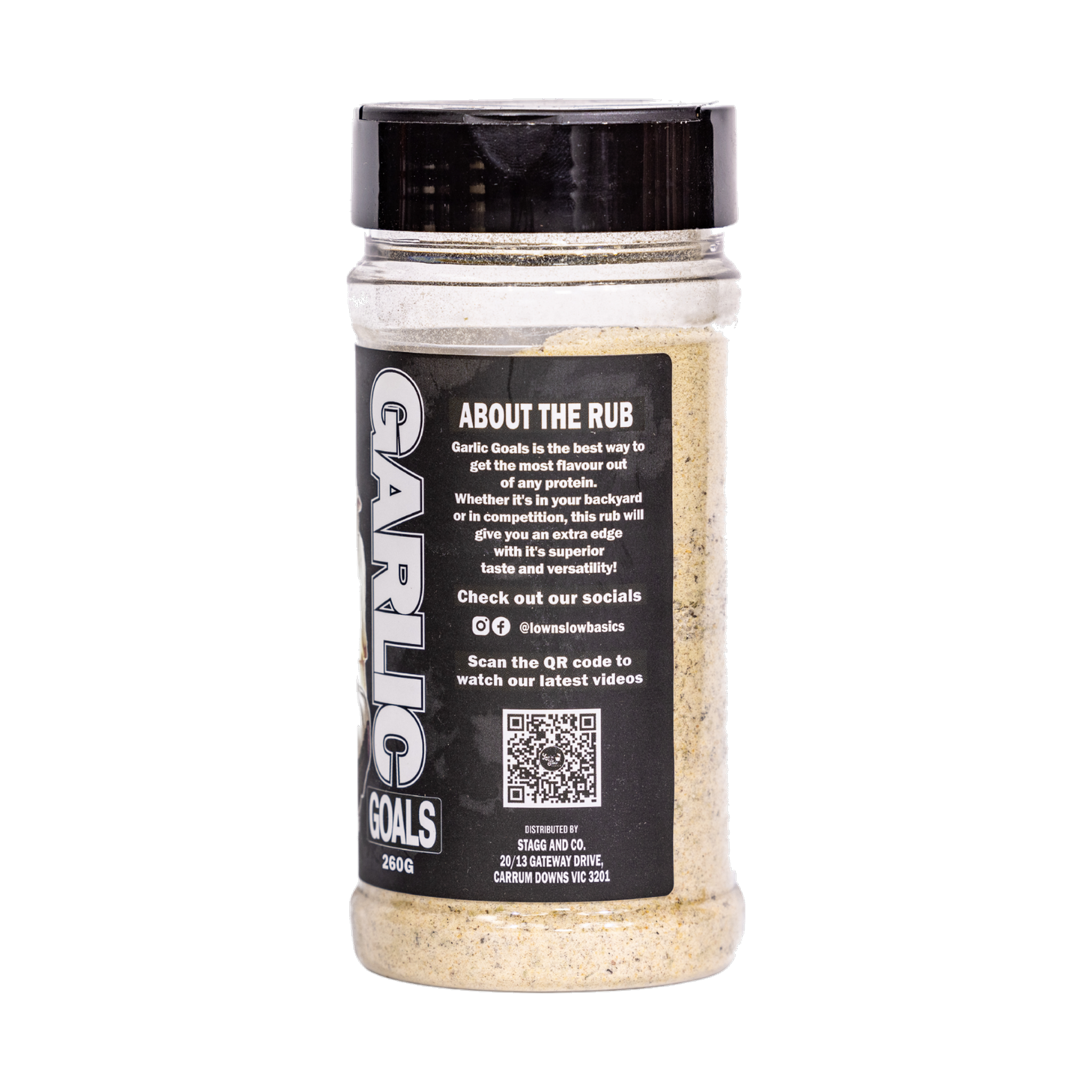 Low n Slow Basics Garlic Goals all-purpose seasoning 260g, right side and label detail, transparent background