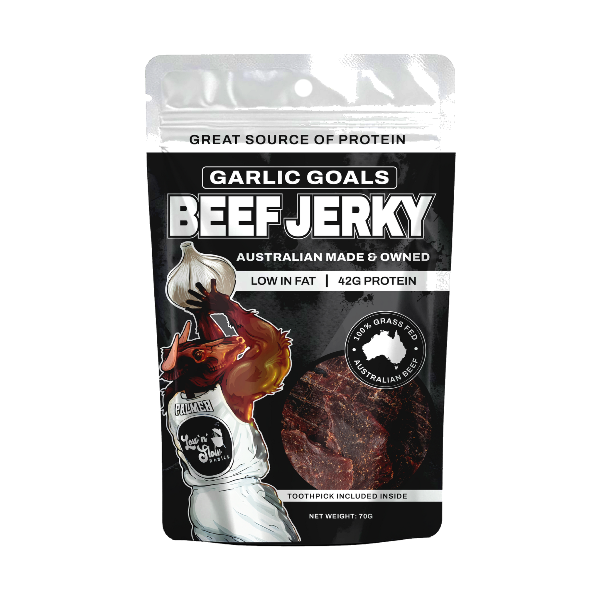 Low n Slow Basics Garlic Goals beef jerky 70g, front of pack on transparent background