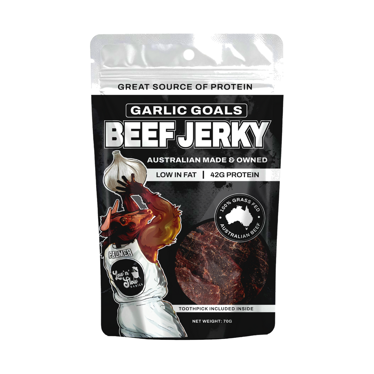 Low n Slow Basics Garlic Goals beef jerky 70g, front of pack on transparent background