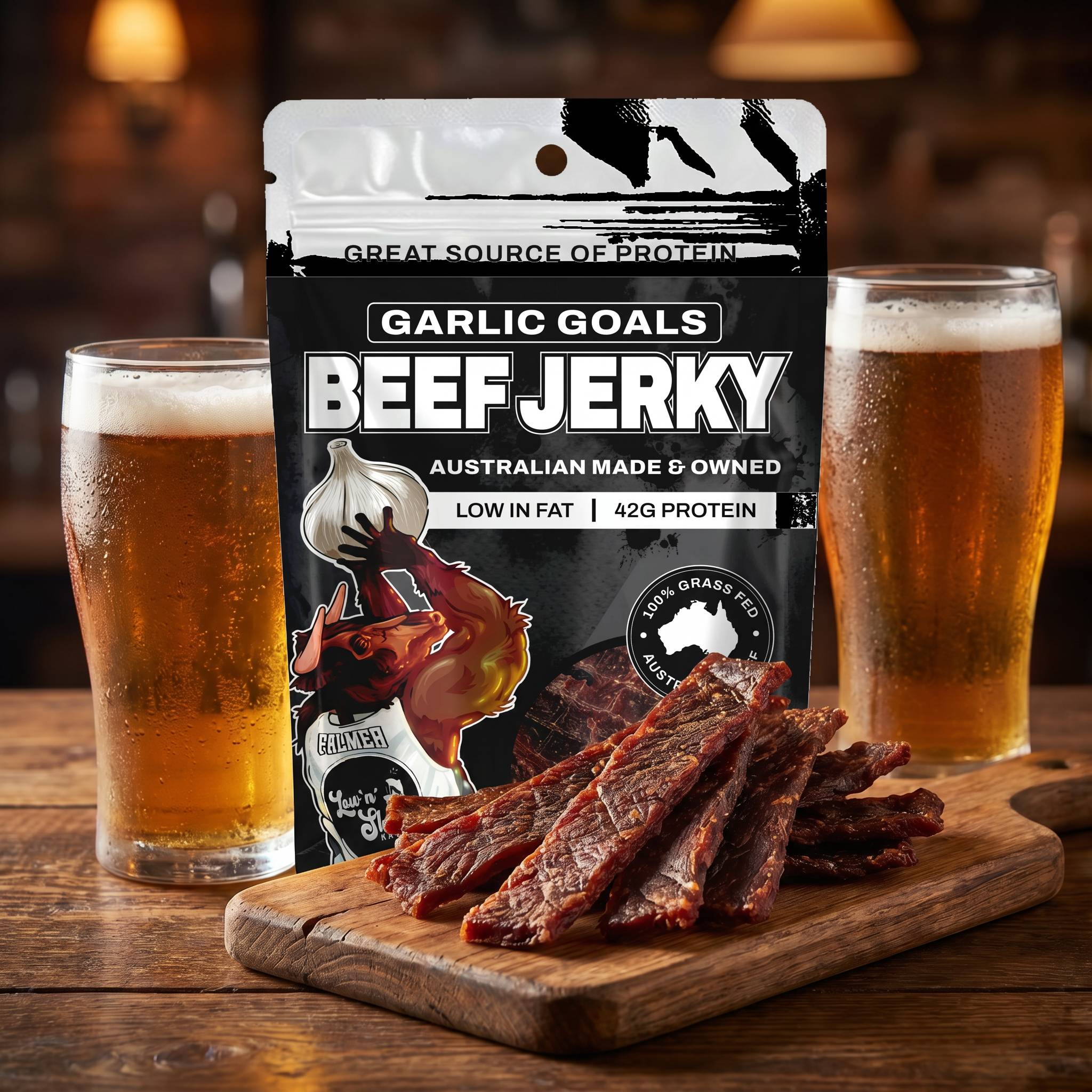 Low n Slow Basics Garlic Goals beef jerky — garlicky beef jerky strips fanned on a board with a beer