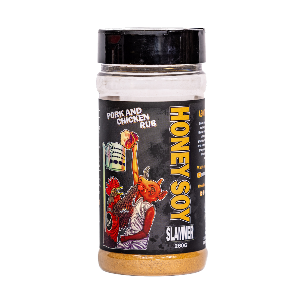 Low n Slow Basics Honey Soy Slammer pork rub 250g, front of shaker on transparent background