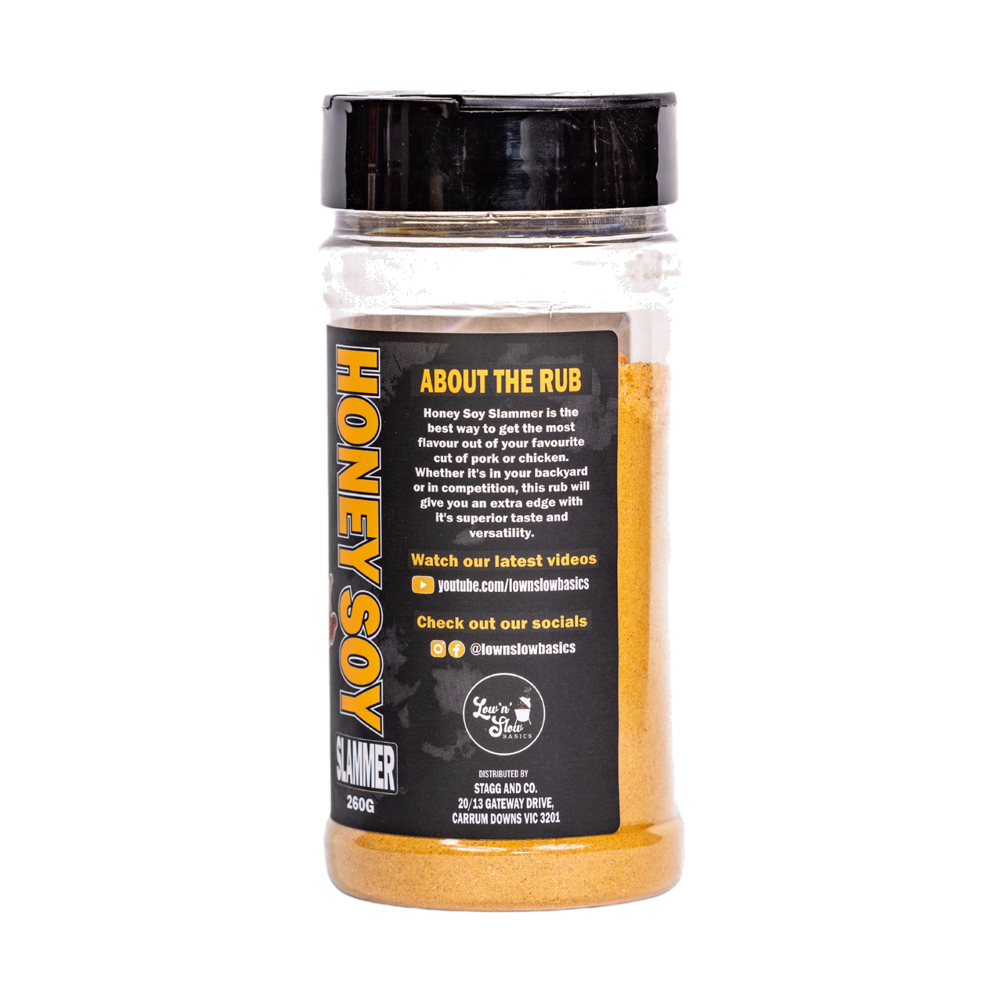 Low n Slow Basics Honey Soy Slammer pork rub 250g, left side of shaker, transparent background
