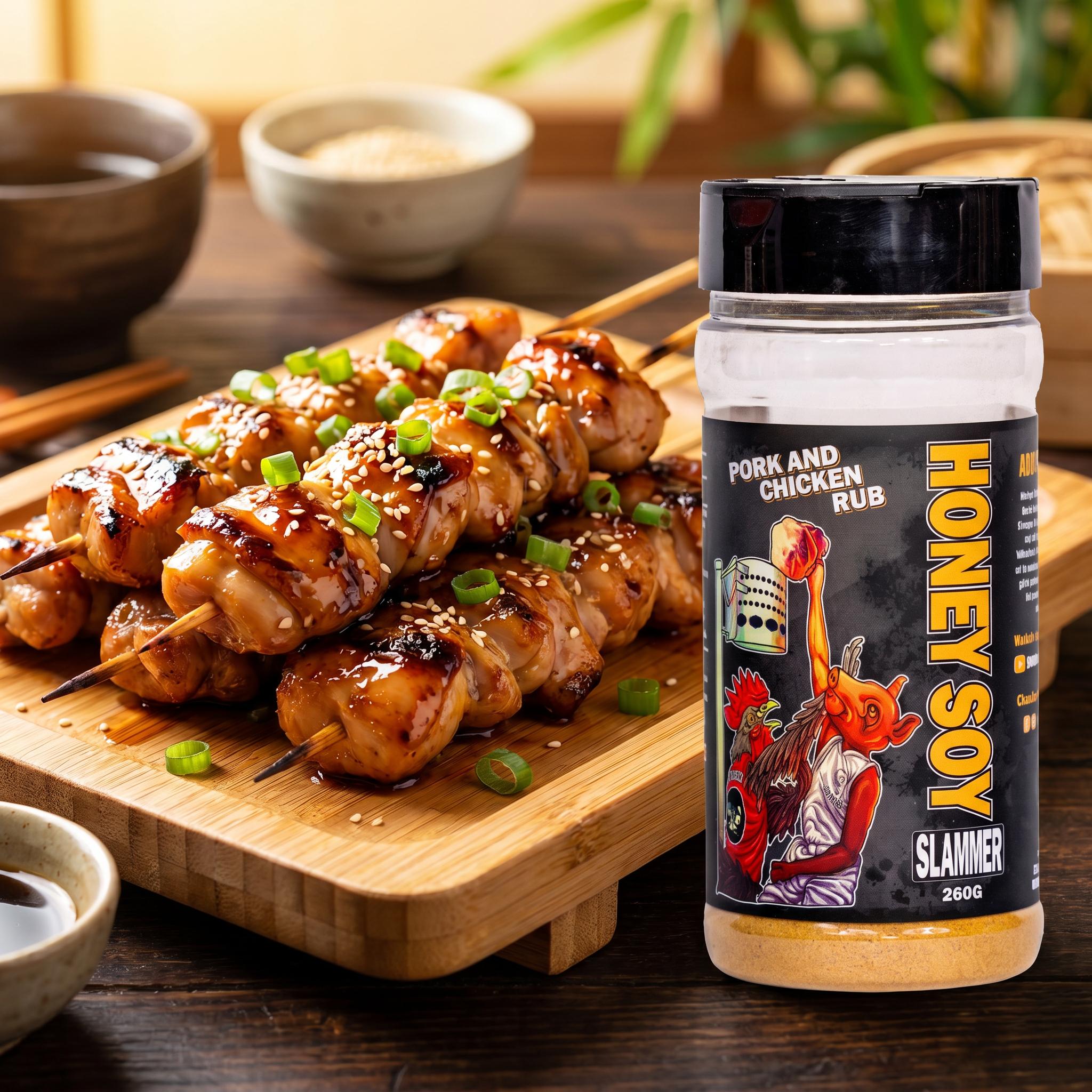 Low n Slow Basics Honey Soy Slammer pork rub — glazed honey-soy chicken thigh skewers with sesame on a bamboo board