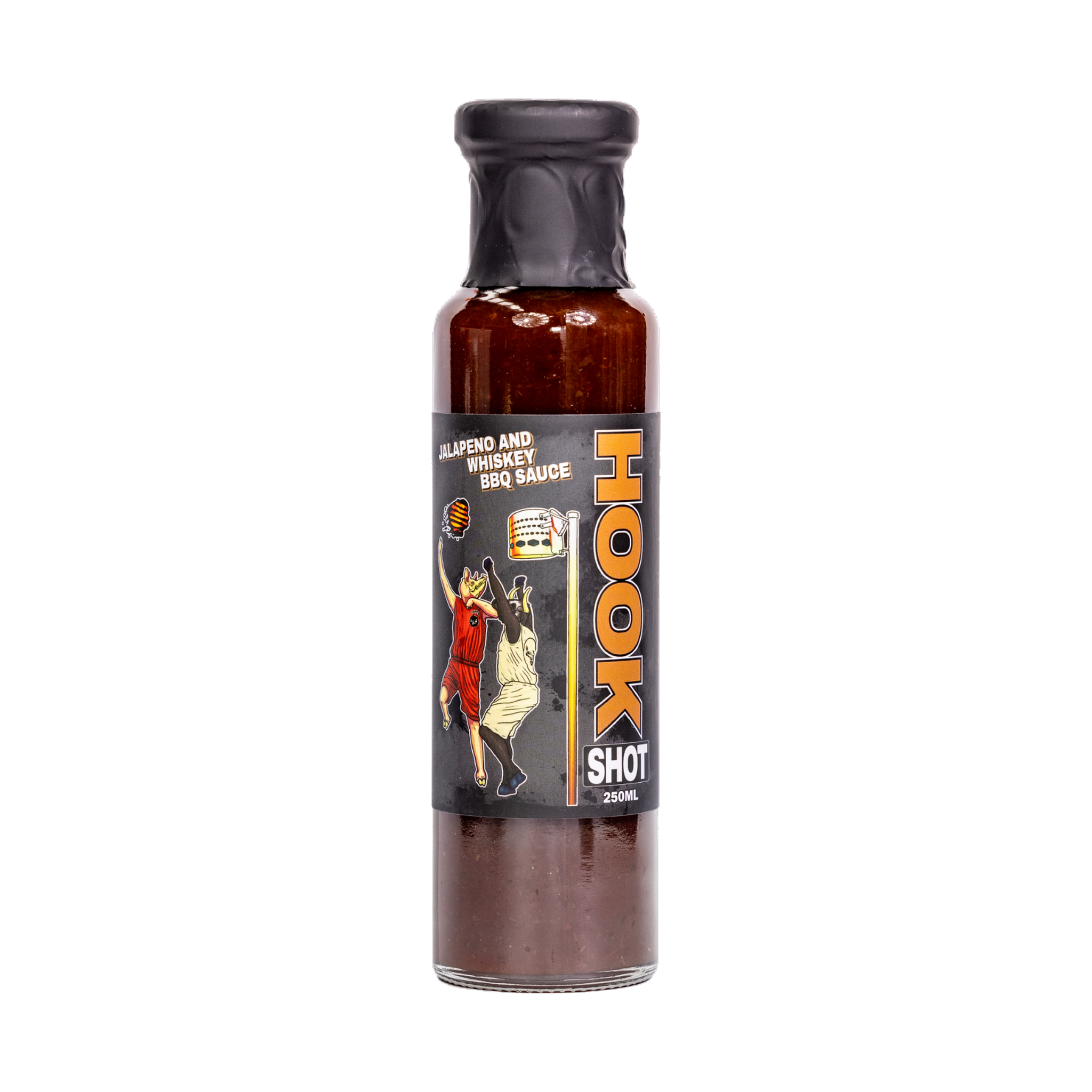 Low n Slow Basics Hook Shot jalapeno whiskey BBQ sauce 250ml, front of bottle on transparent background