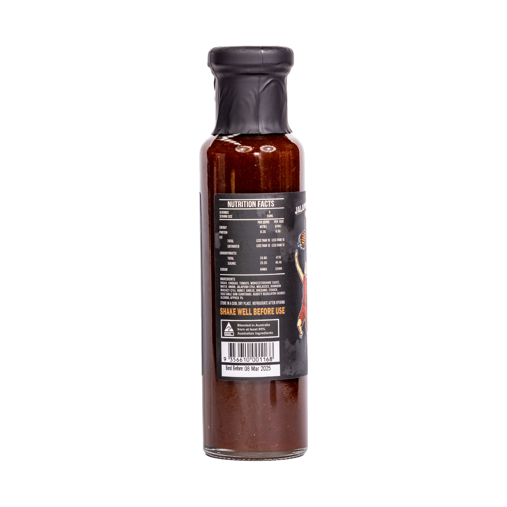 Low n Slow Basics Hook Shot jalapeno whiskey BBQ sauce 250ml, left side of bottle, transparent background
