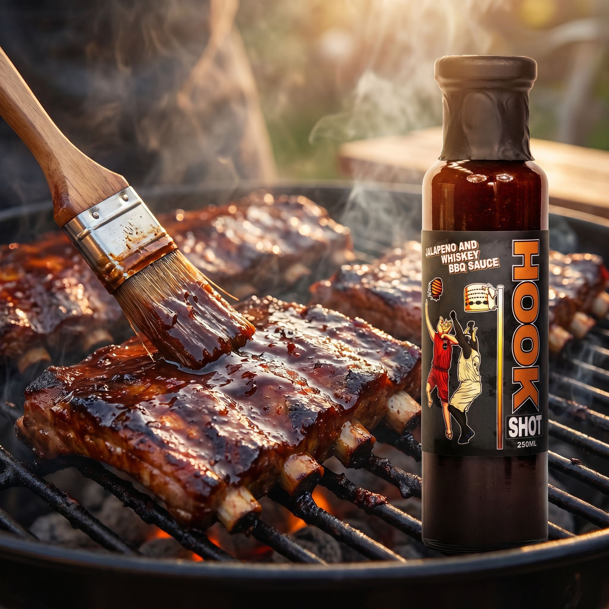 Low n Slow Basics Hook Shot BBQ sauce — pork ribs being mopped with jalapeno whiskey BBQ sauce on a backyard barbecue