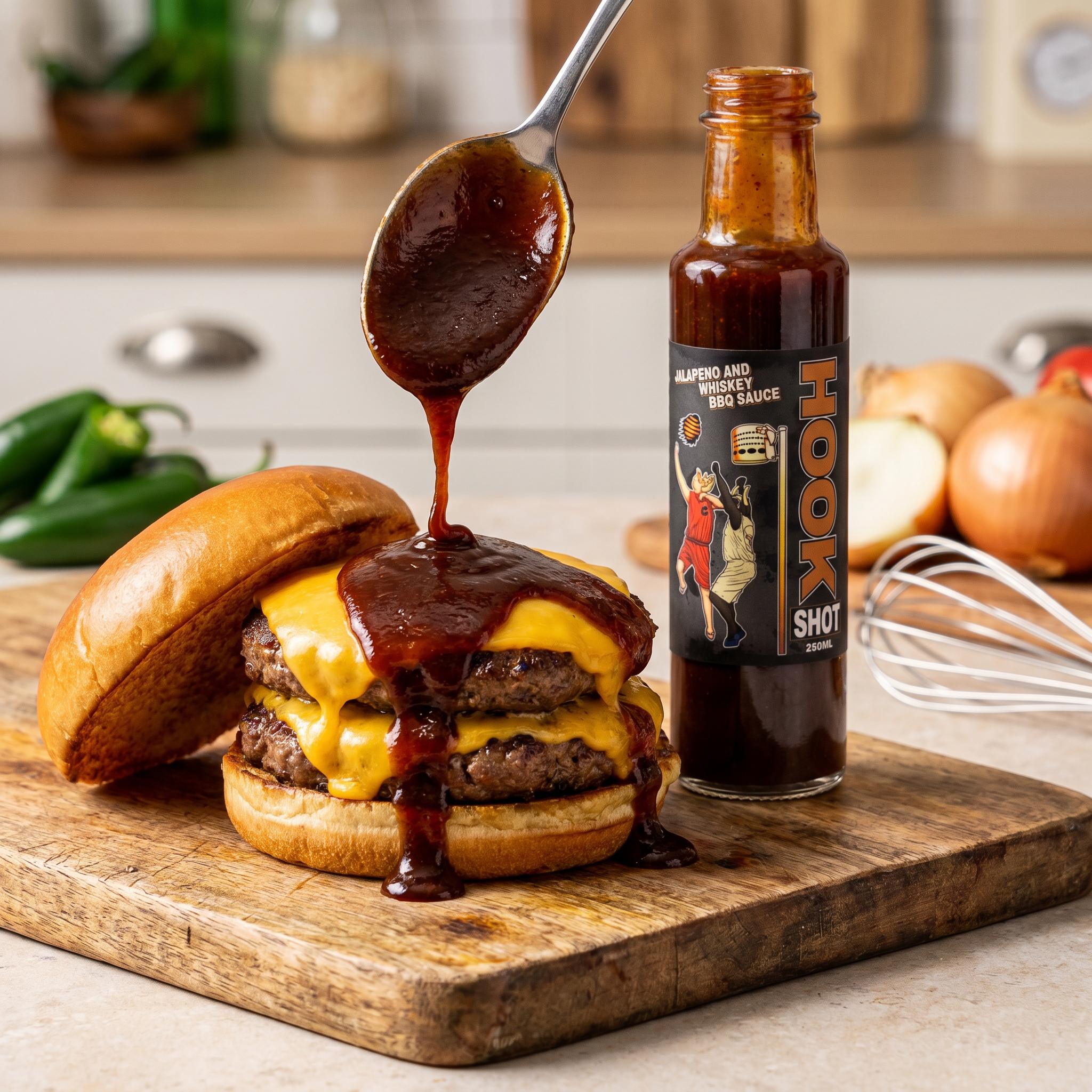 Low n Slow Basics Hook Shot BBQ sauce — an open cheeseburger with the BBQ sauce spooned onto the beef patty