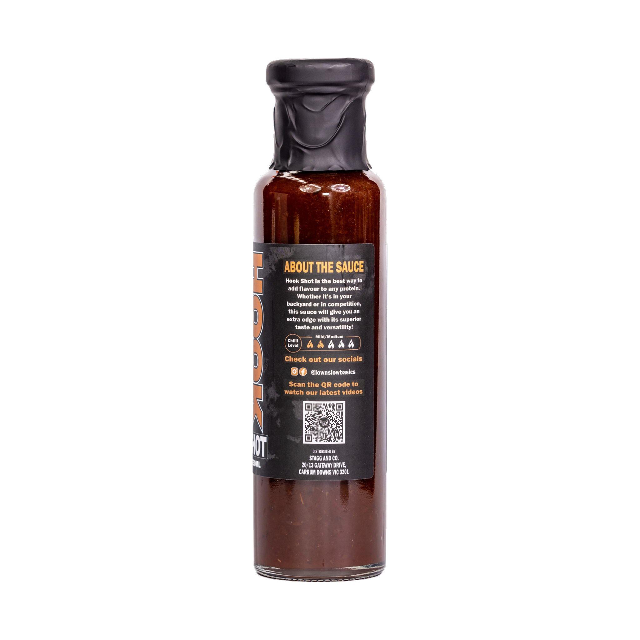 Low n Slow Basics Hook Shot jalapeno whiskey BBQ sauce 250ml, back label detail, transparent background