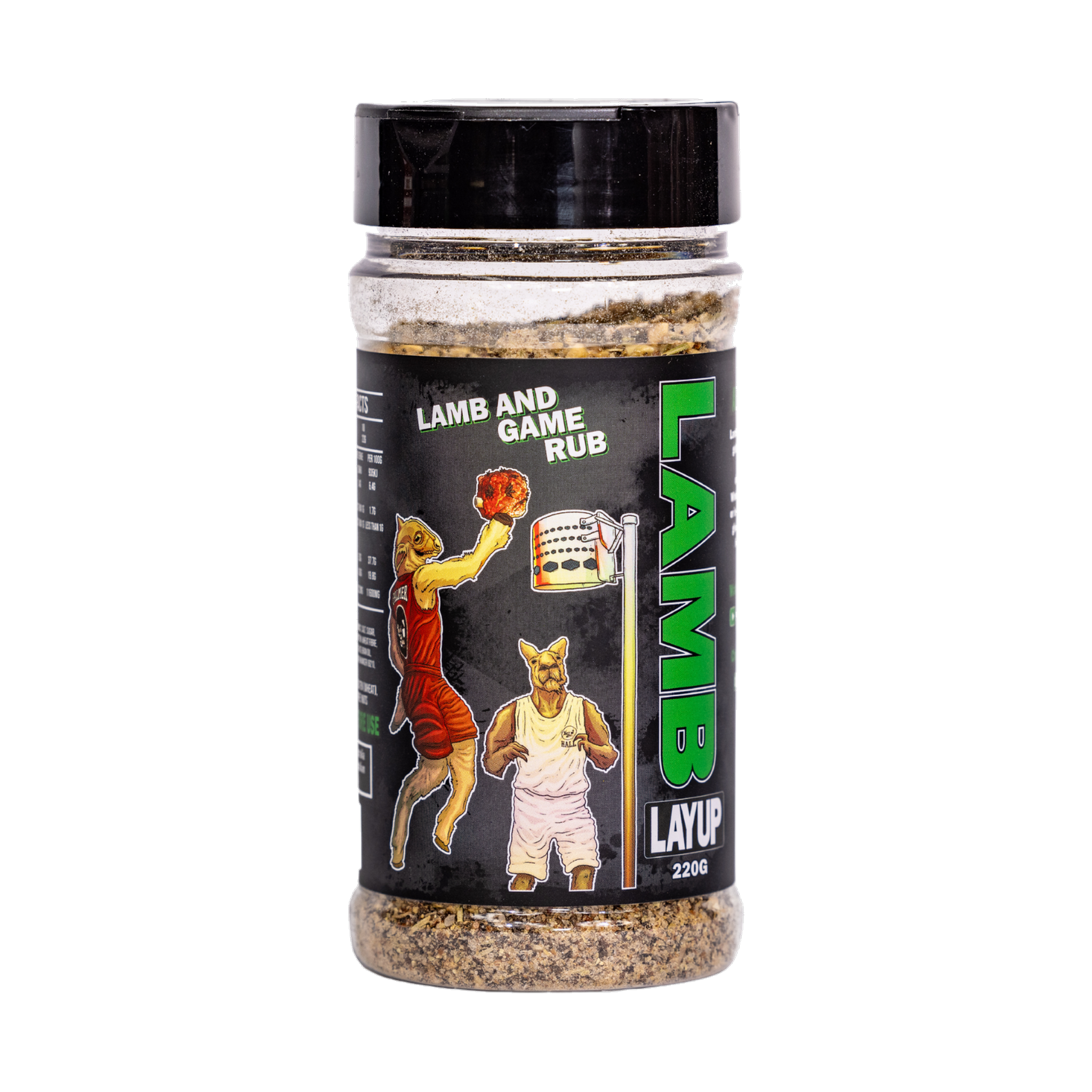 Low n Slow Basics Lamb Layup lamb rub 220g, front of shaker on transparent background