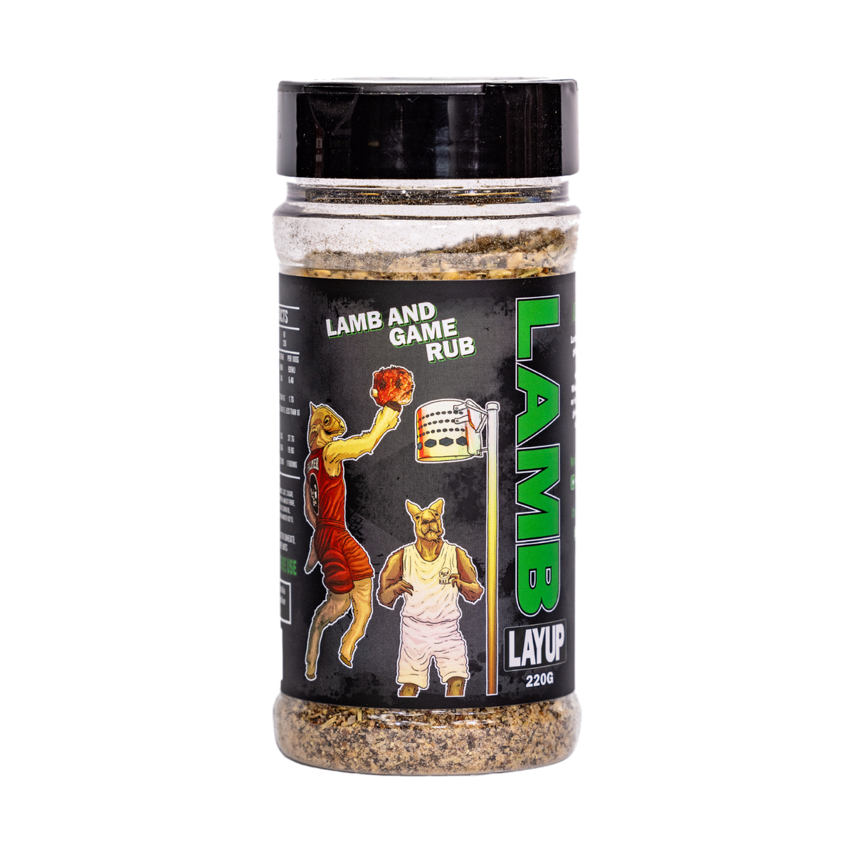 Low n Slow Basics Lamb Layup lamb rub 220g, front of shaker on transparent background