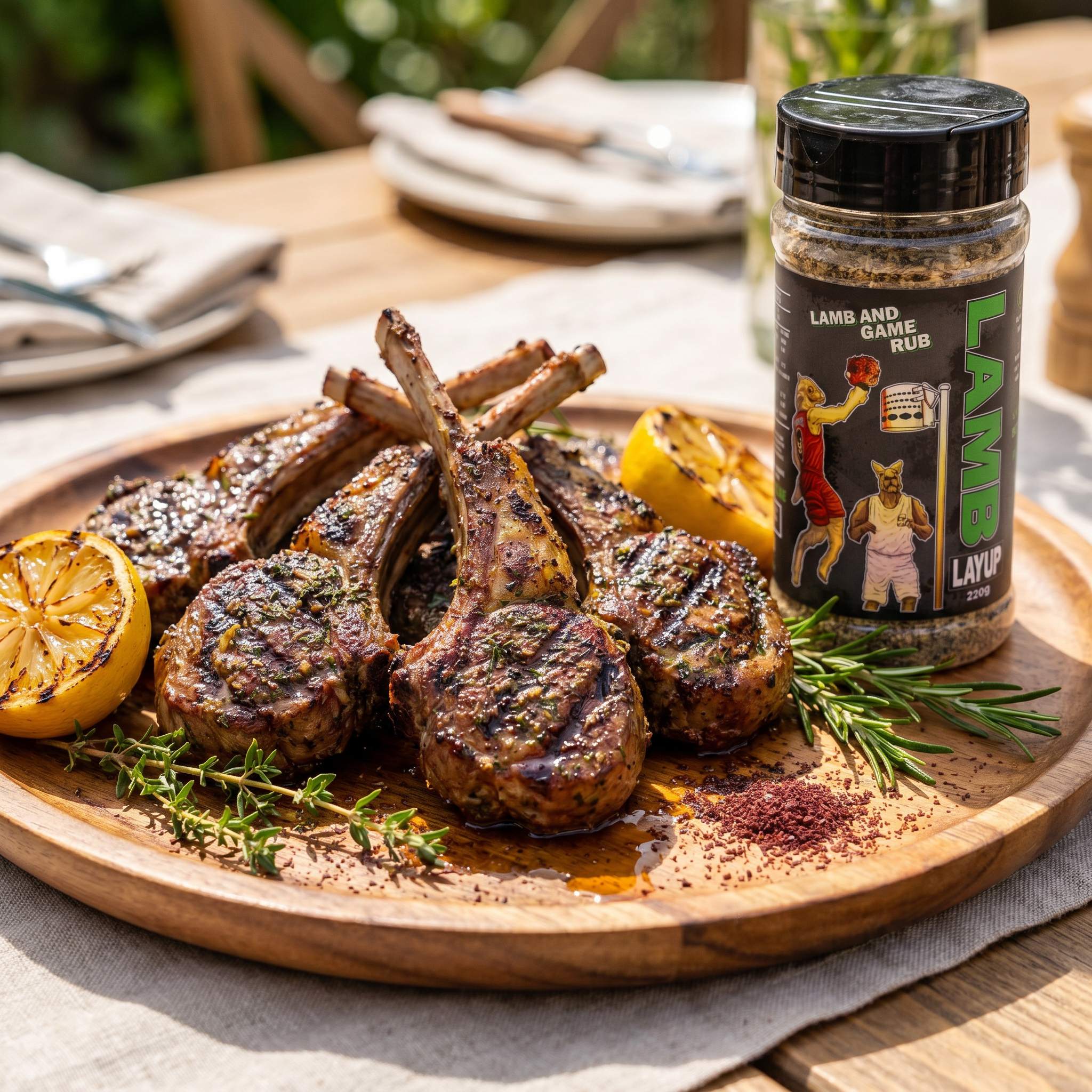Low n Slow Basics Lamb Layup lamb rub — grilled lamb cutlets with a herb crust and grilled lemon on a platter