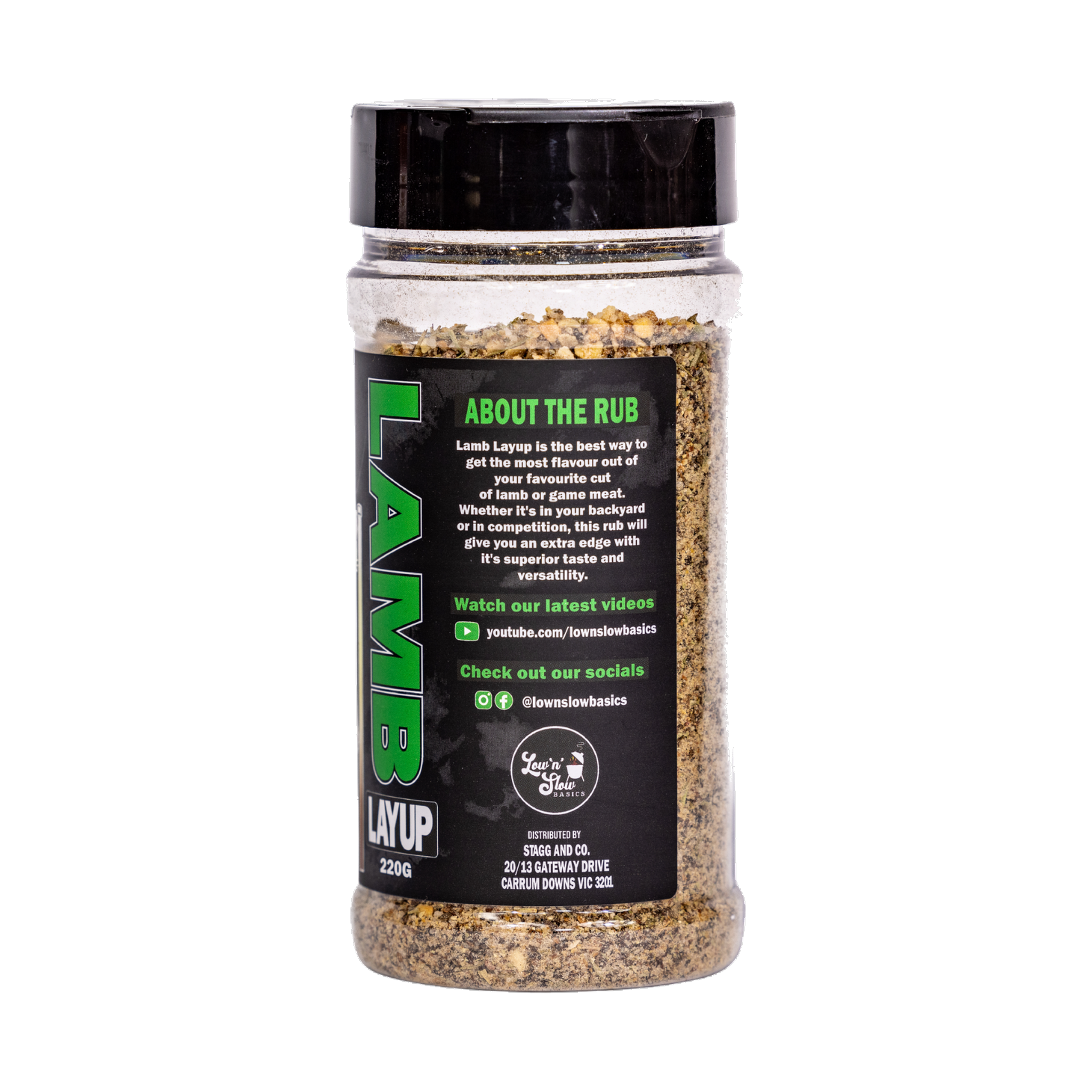 Low n Slow Basics Lamb Layup lamb rub 220g, right side and label detail, transparent background