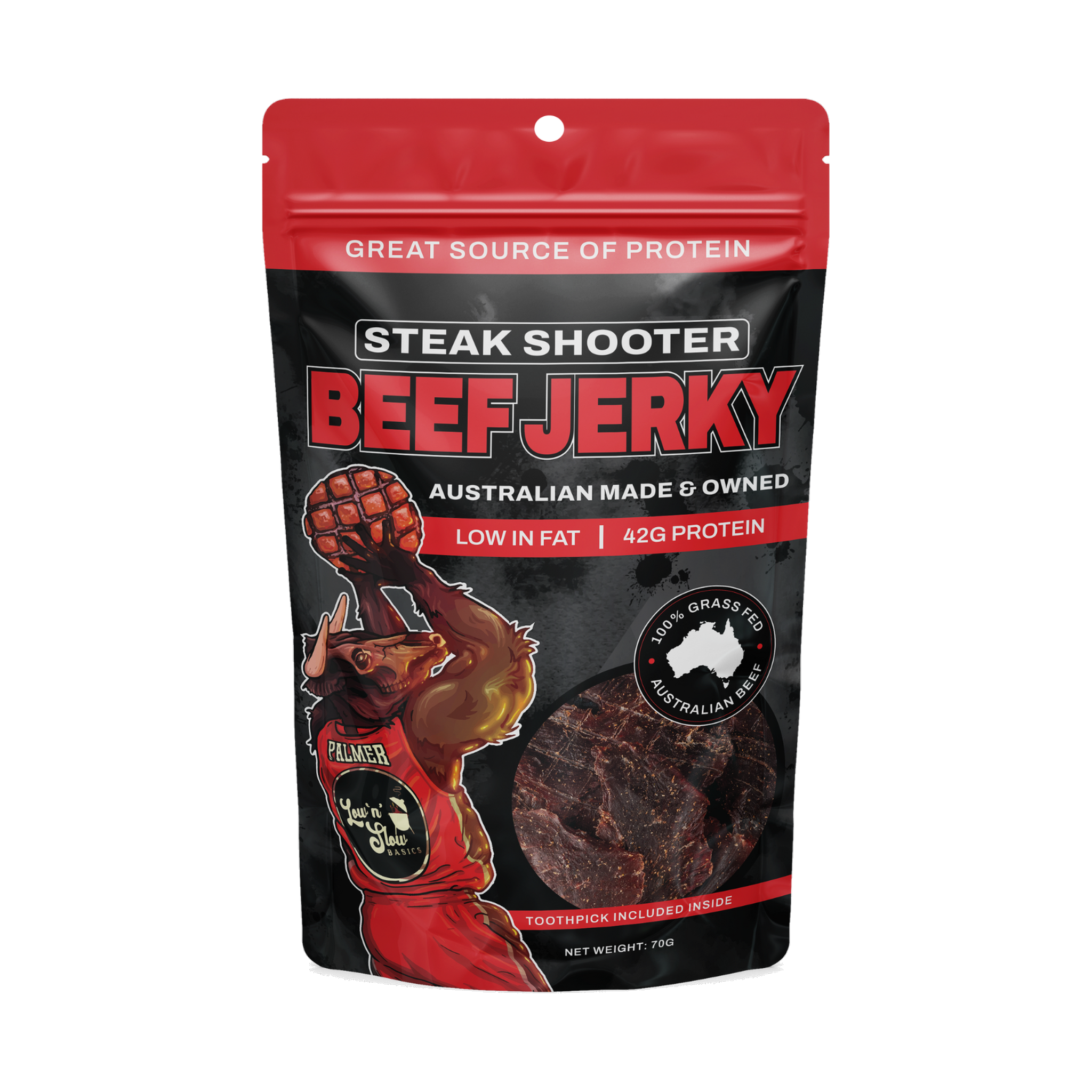 Low n Slow Basics Steak Shooter beef jerky 70g, front of pack on transparent background