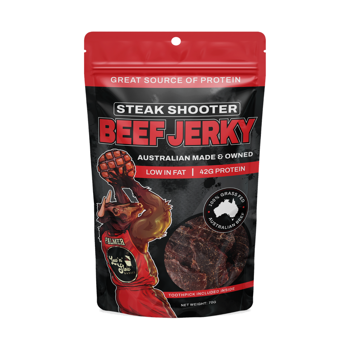 Low n Slow Basics Steak Shooter beef jerky 70g, front of pack on transparent background
