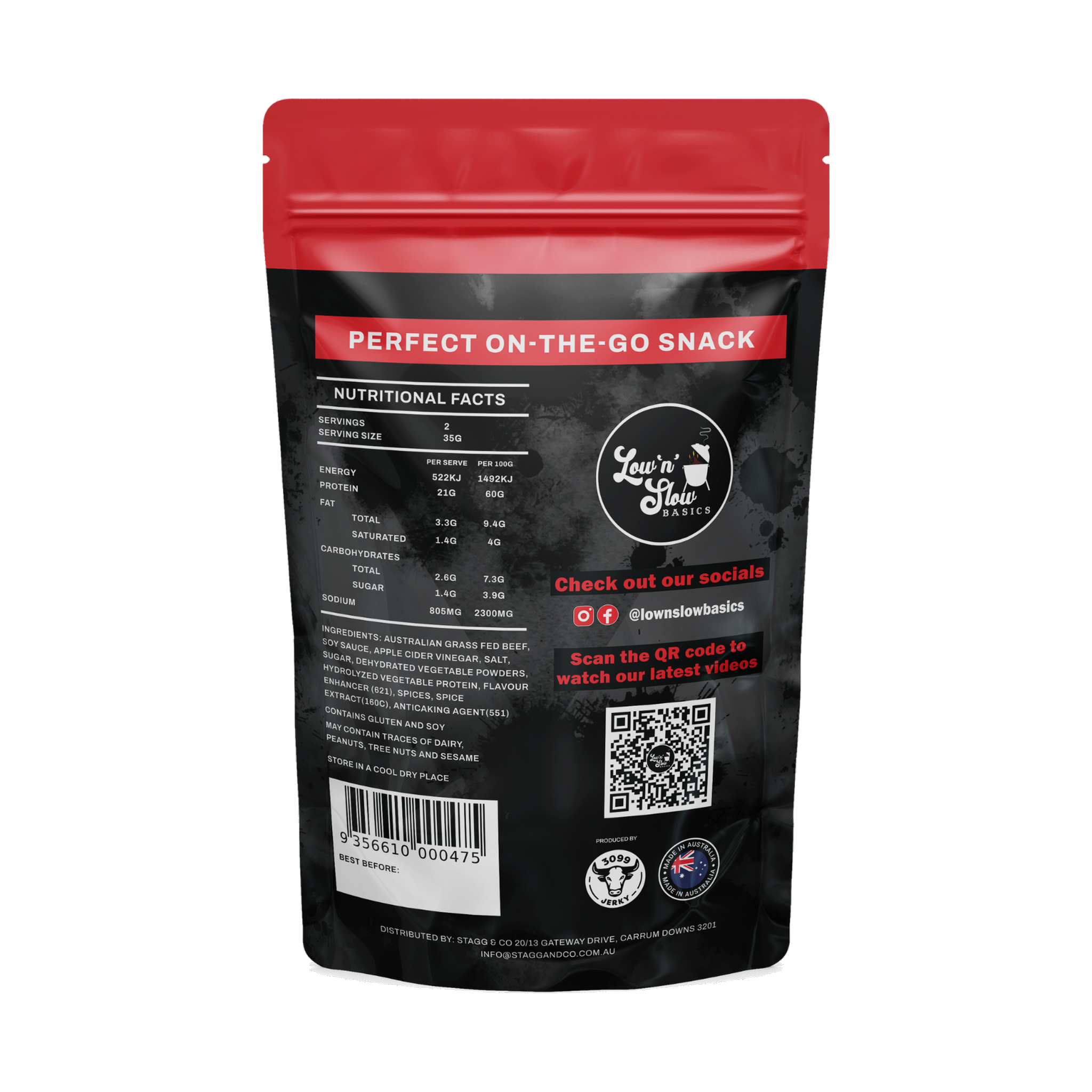 Low n Slow Basics Steak Shooter beef jerky 70g, back of pack, transparent background