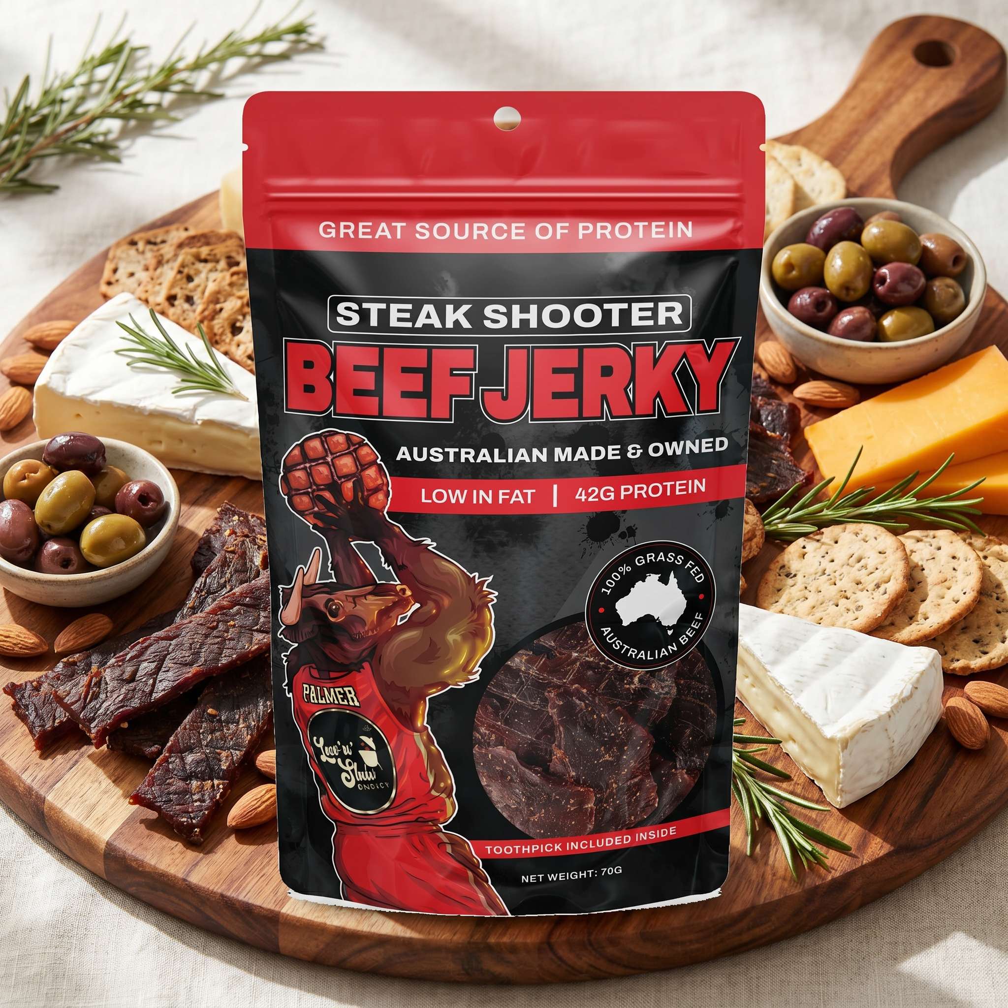 Low n Slow Basics Steak Shooter beef jerky — a grazing board with beef jerky, cheese and crackers