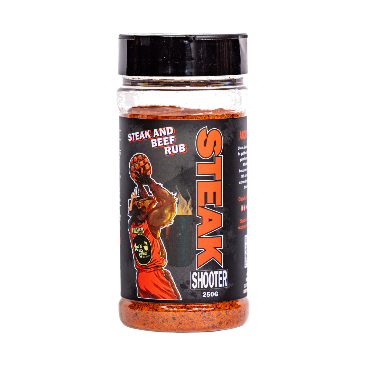 Low n Slow Basics Steak Shooter beef rub 250g, front of shaker on transparent background