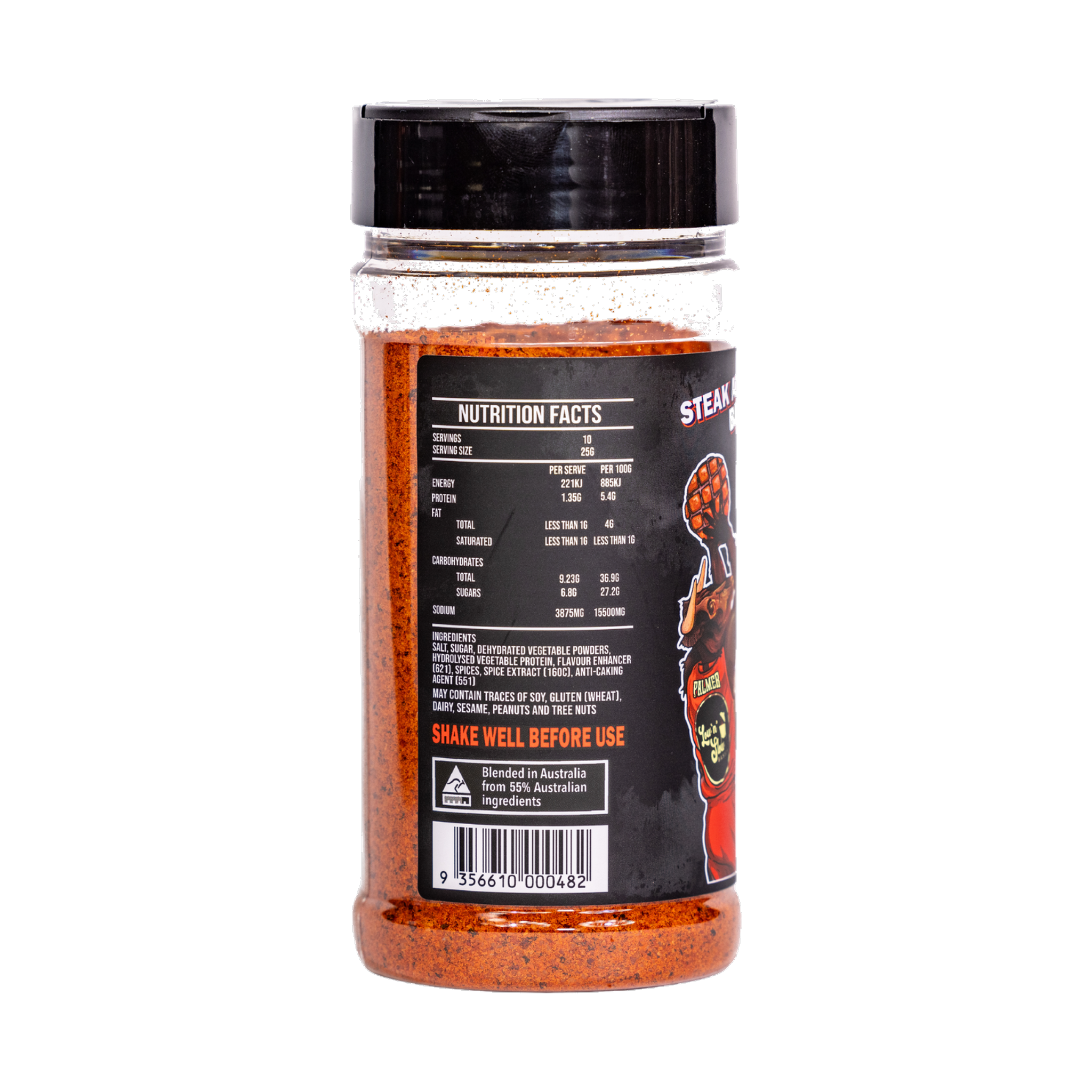 Low n Slow Basics Steak Shooter beef rub 250g, left side of shaker, transparent background