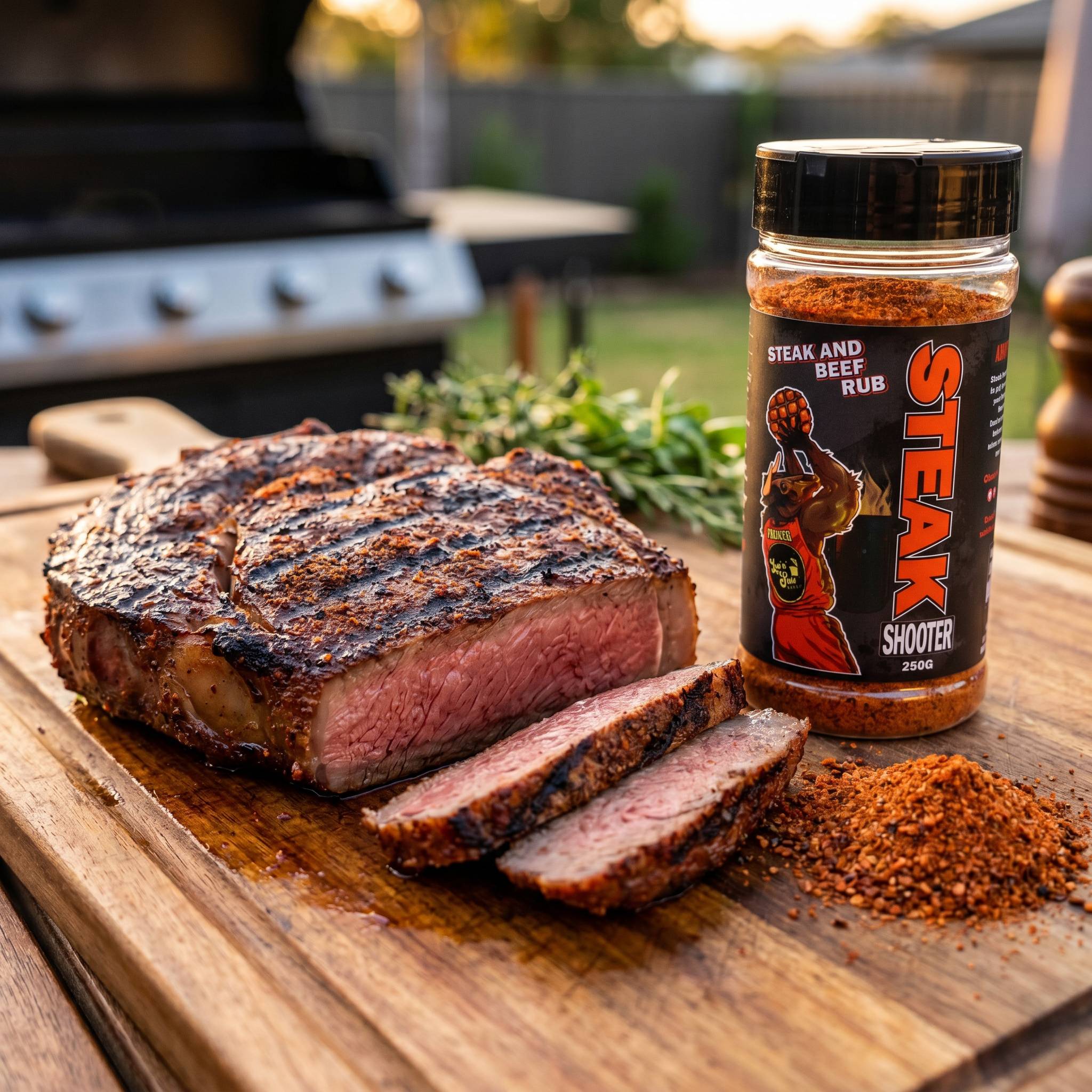 Low n Slow Basics Steak Shooter beef rub — a seared scotch fillet steak with a dark savoury crust resting on a wooden board