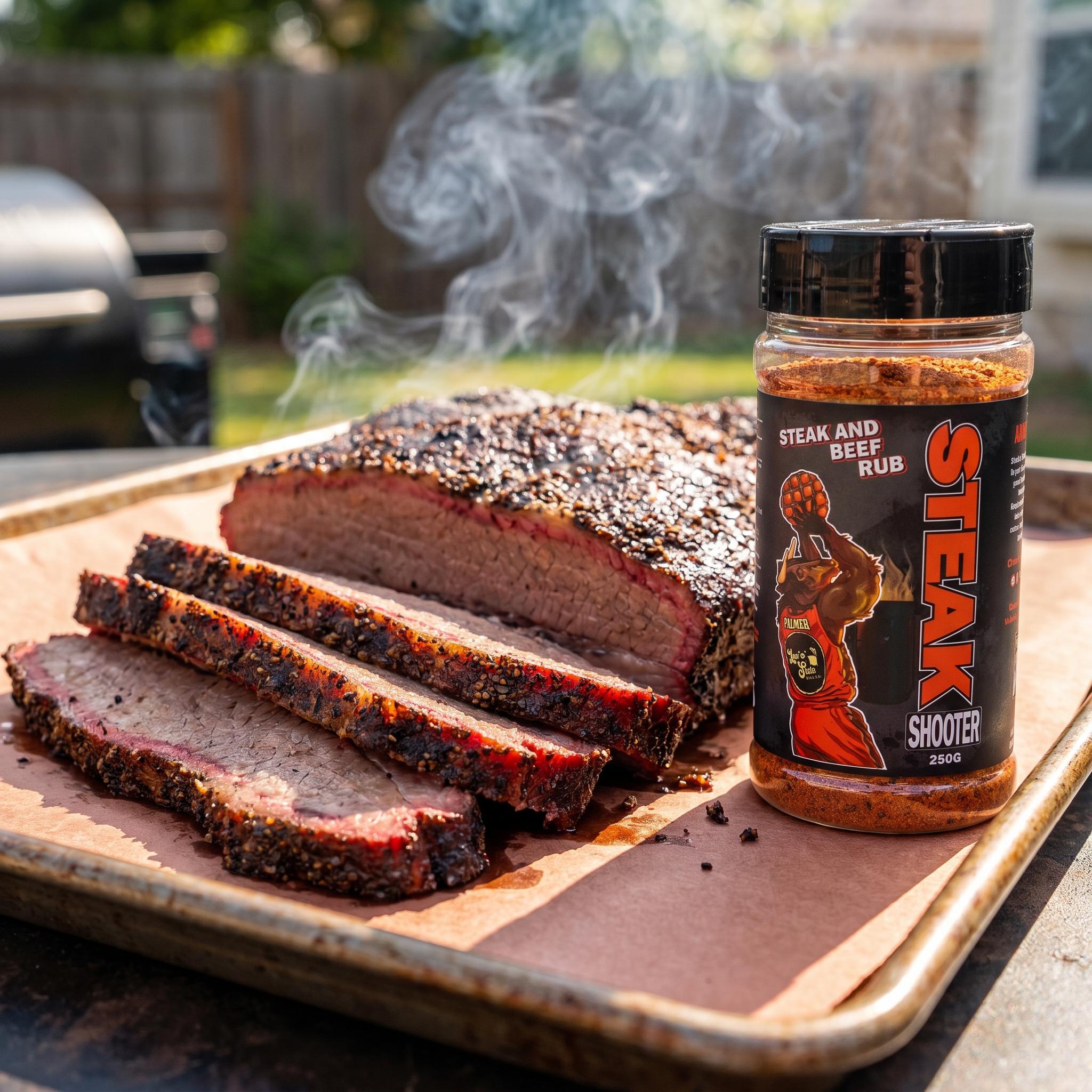 Low n Slow Basics Steak Shooter beef rub — sliced smoked beef brisket with a peppery bark and smoke ring on butcher paper