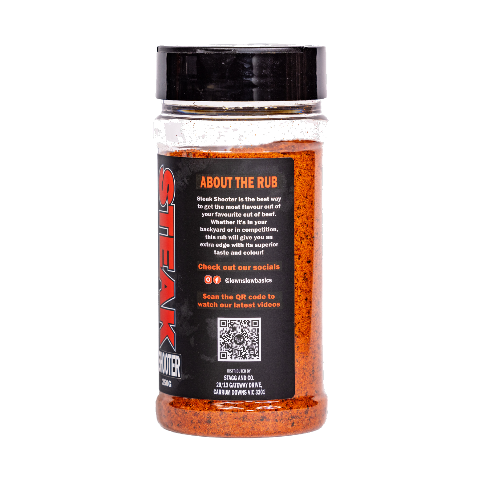 Low n Slow Basics Steak Shooter beef rub 250g, right side and label detail, transparent background
