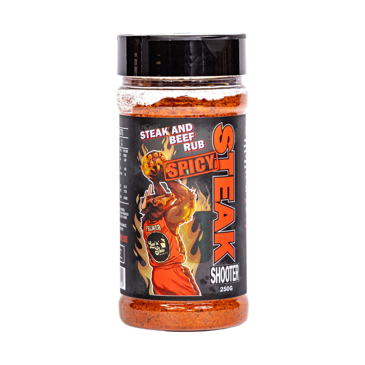 Low n Slow Basics Steak Shooter Spicy beef rub 250g, front of shaker on transparent background