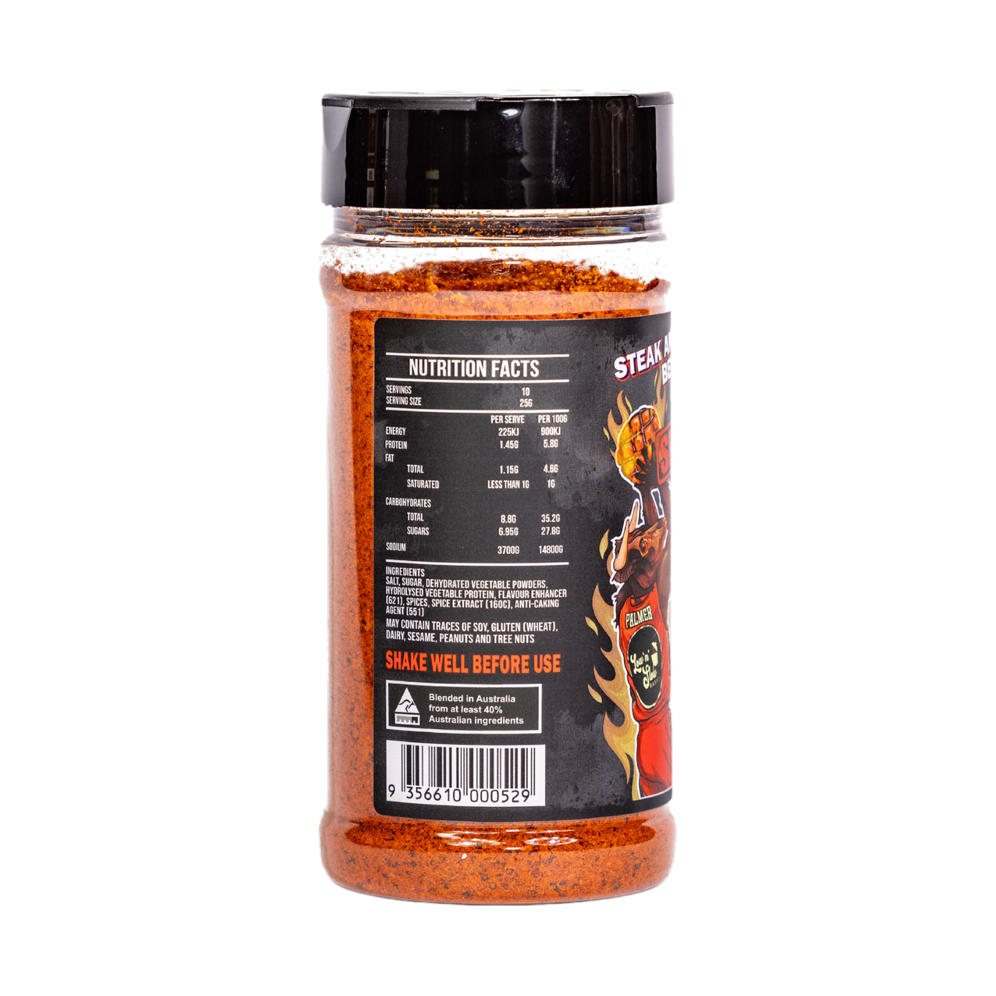 Low n Slow Basics Steak Shooter Spicy beef rub 250g, left side of shaker, transparent background